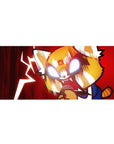 36x16 inches anime desk pad with raging red panda hero, speed lines, lightning backdrop, blue sleeve, striped tail.