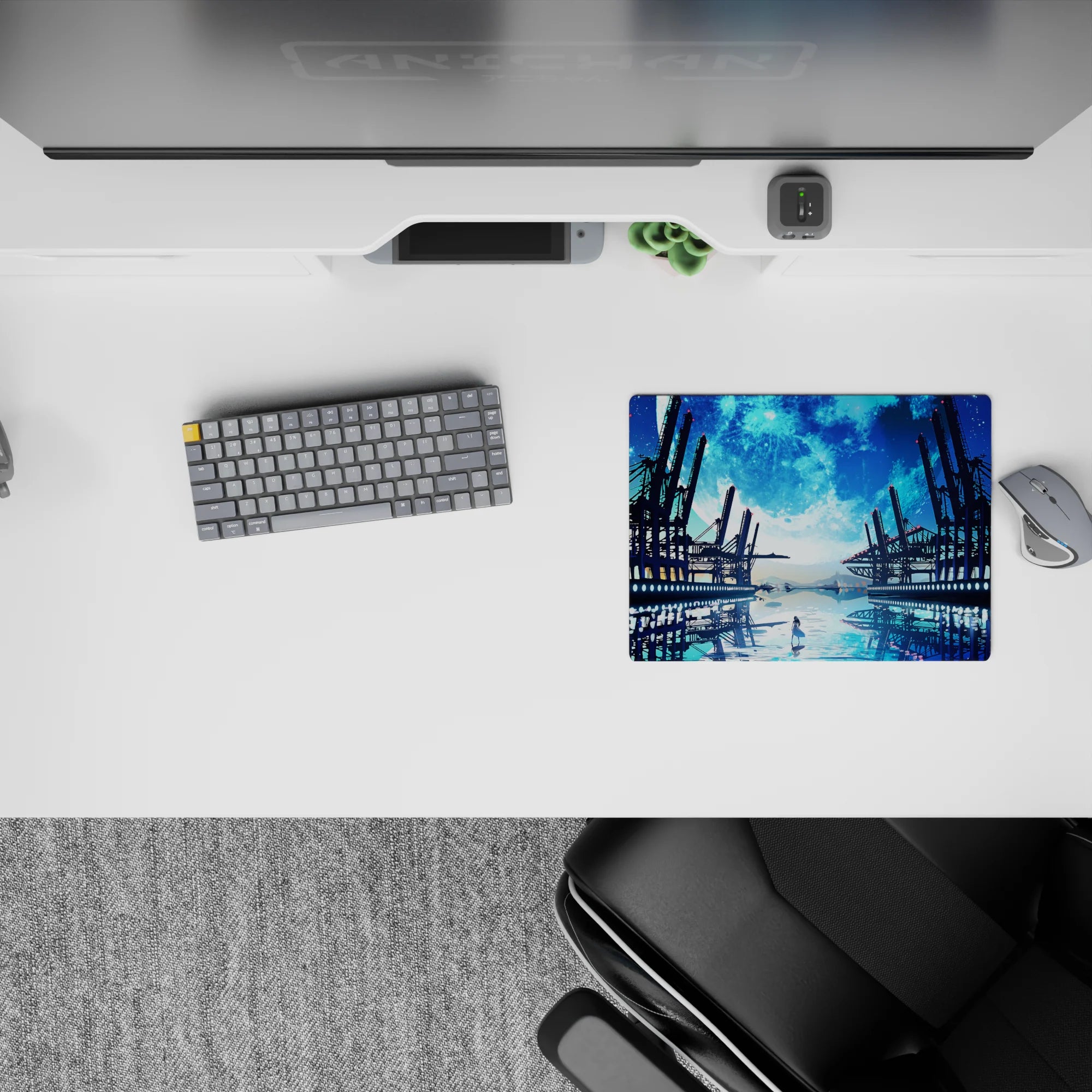Anime mouse pad 14x10 inches in deep ocean blue and icy cyan glow, calm cinematic night mood.