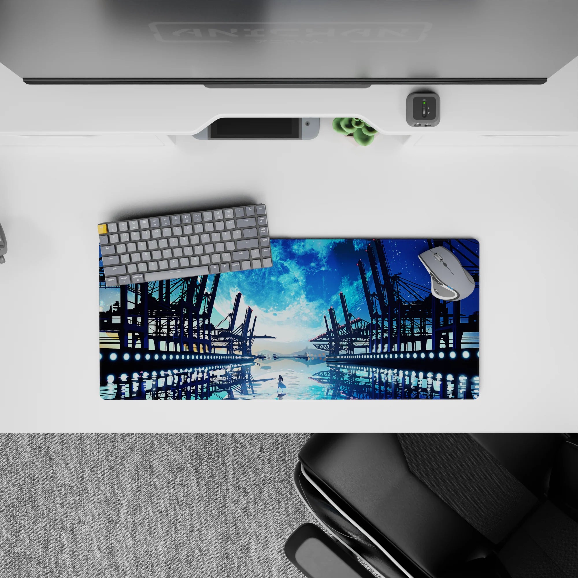 28x12 inches anime mouse pad in deep ocean blues and icy cyan glow, calm cinematic night horizon.