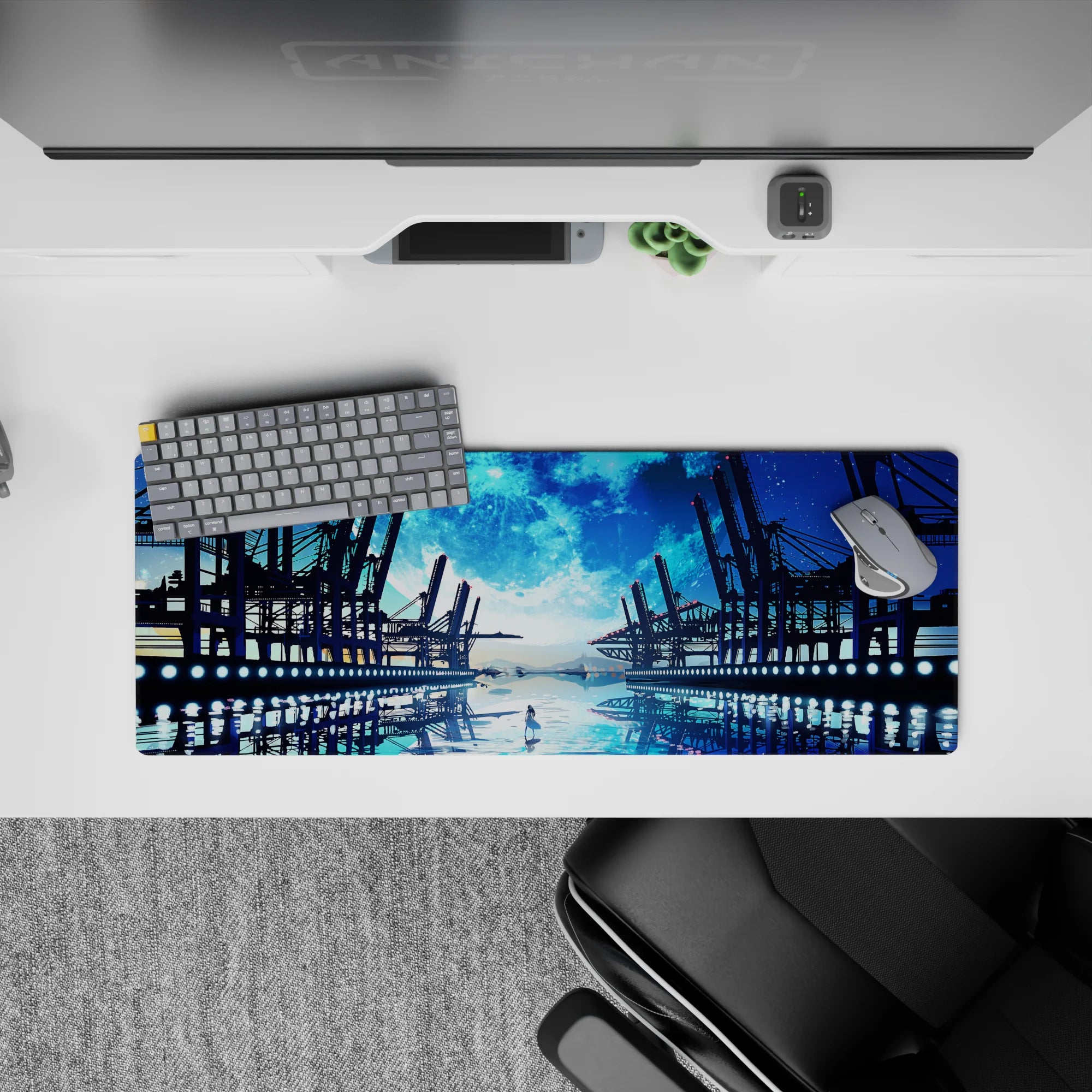 32x12 inches anime mouse pad in deep ocean blues and icy cyan glow, calm cinematic night mood.