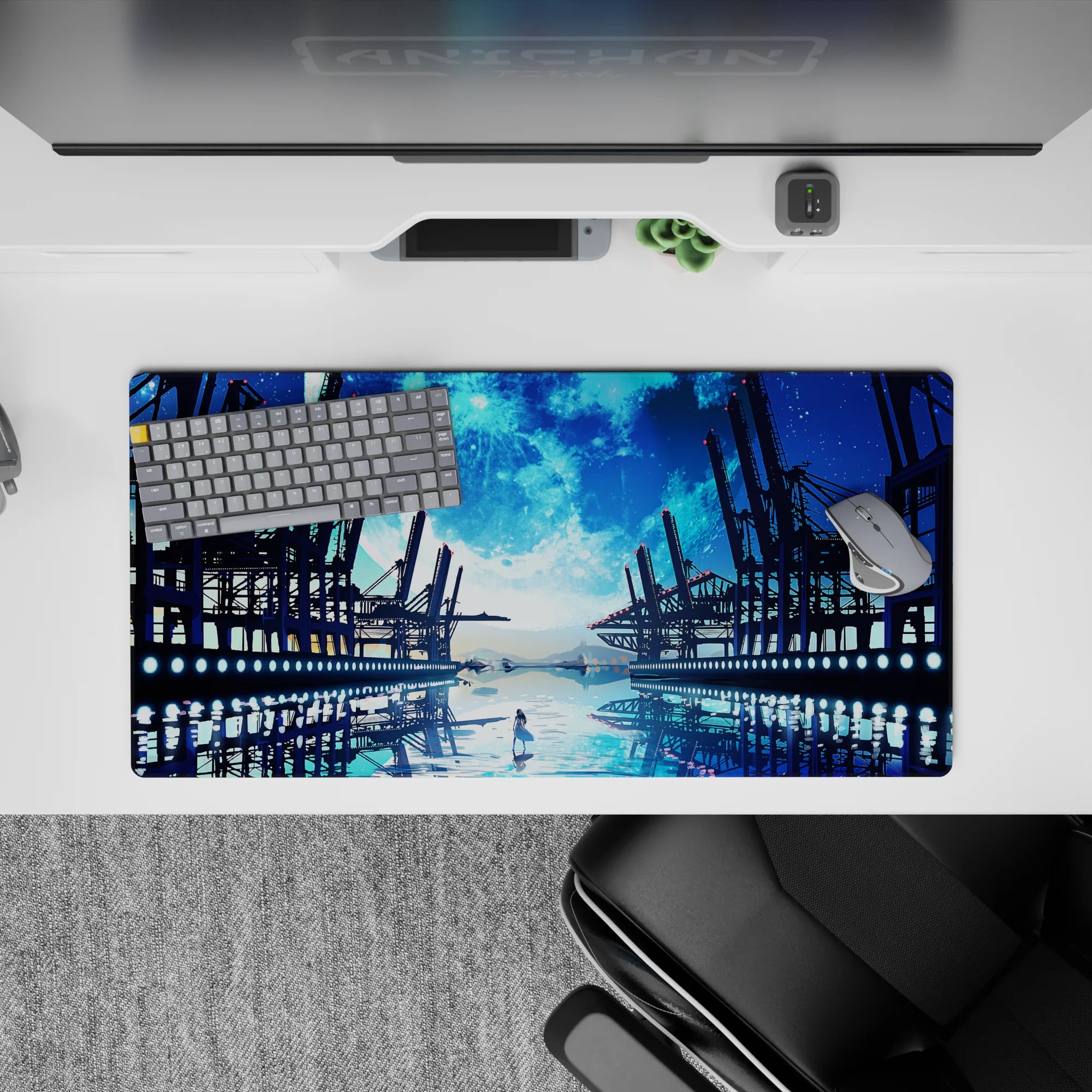 32x16 inches anime desk mat in deep ocean blue and icy cyan glow, calm cinematic night horizon.