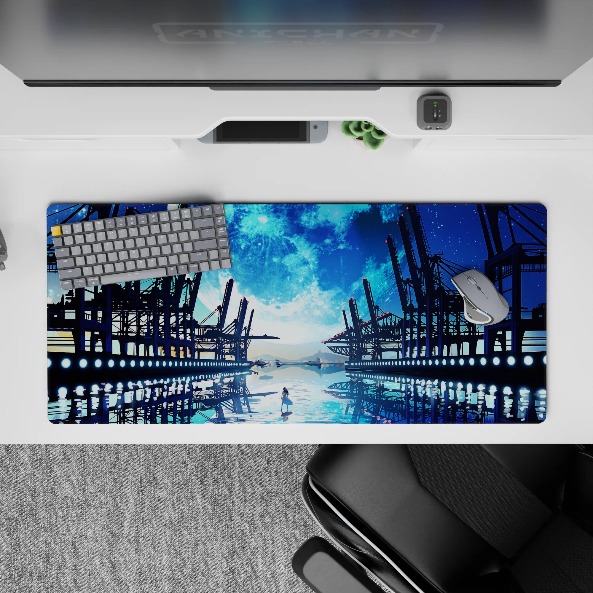 Anime desk pad 36x16 inches in deep ocean blues and icy cyan, calm cinematic night horizon.