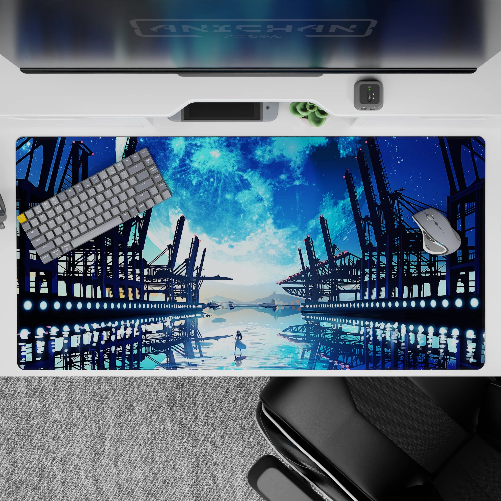 40x20 inches anime desk pad in deep ocean blues and icy cyan glow, calm cinematic night mood.