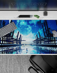 40x20 inches anime desk pad in deep ocean blues and icy cyan glow, calm cinematic night mood.
