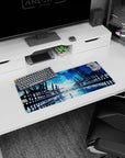 28x12 inches anime mouse pad showing a tiny girl in a pale dress on reflective water under a huge moon.