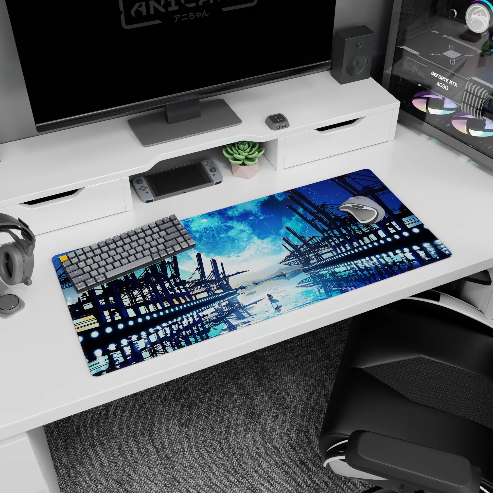 Anime desk pad 36x16 inches showing a pale-dress girl on glassy sea under a huge moon by docks.