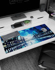 Anime desk pad 36x16 inches showing a pale-dress girl on glassy sea under a huge moon by docks.