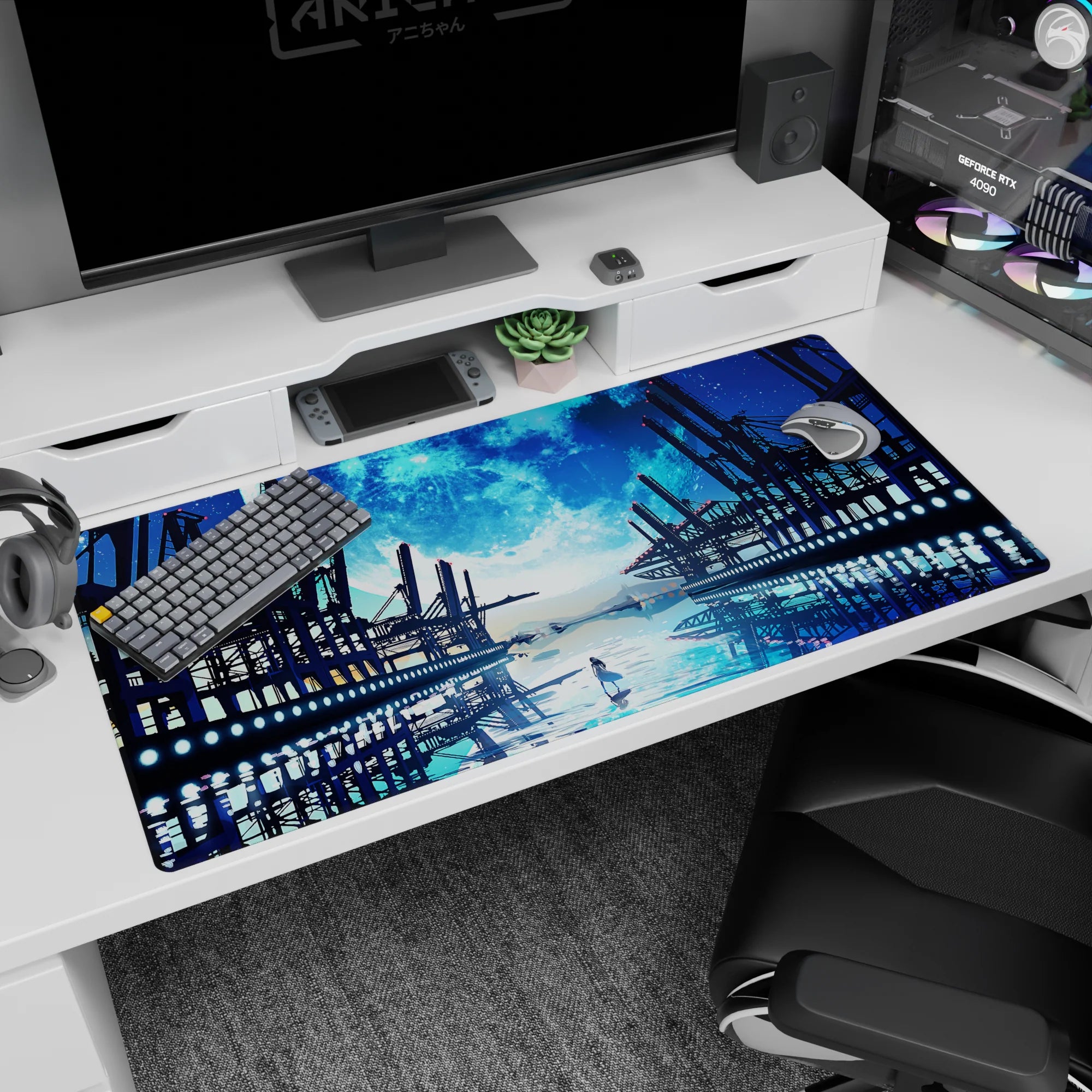 40x20 inches anime desk pad showing a lone girl in a pale dress on mirror-still water under a huge moon.
