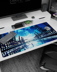 40x20 inches anime desk pad showing a lone girl in a pale dress on mirror-still water under a huge moon.