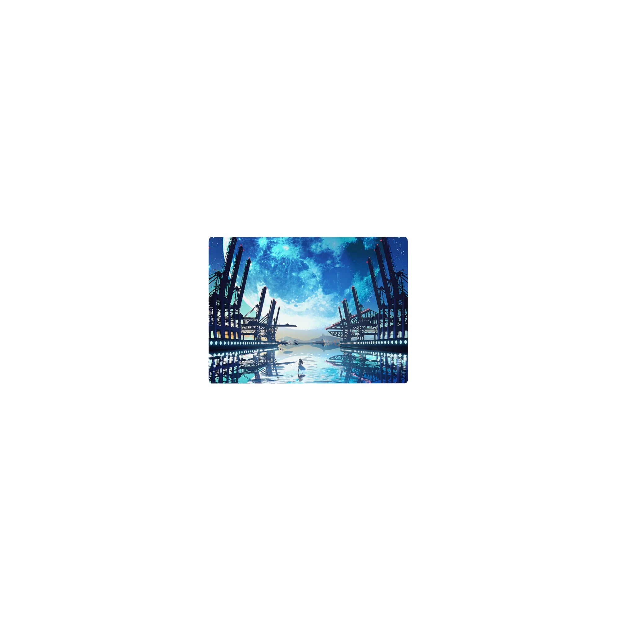 Classic anime mouse pad 14x10 inches with lone girl, steel docks, mirrored water, and giant moon.