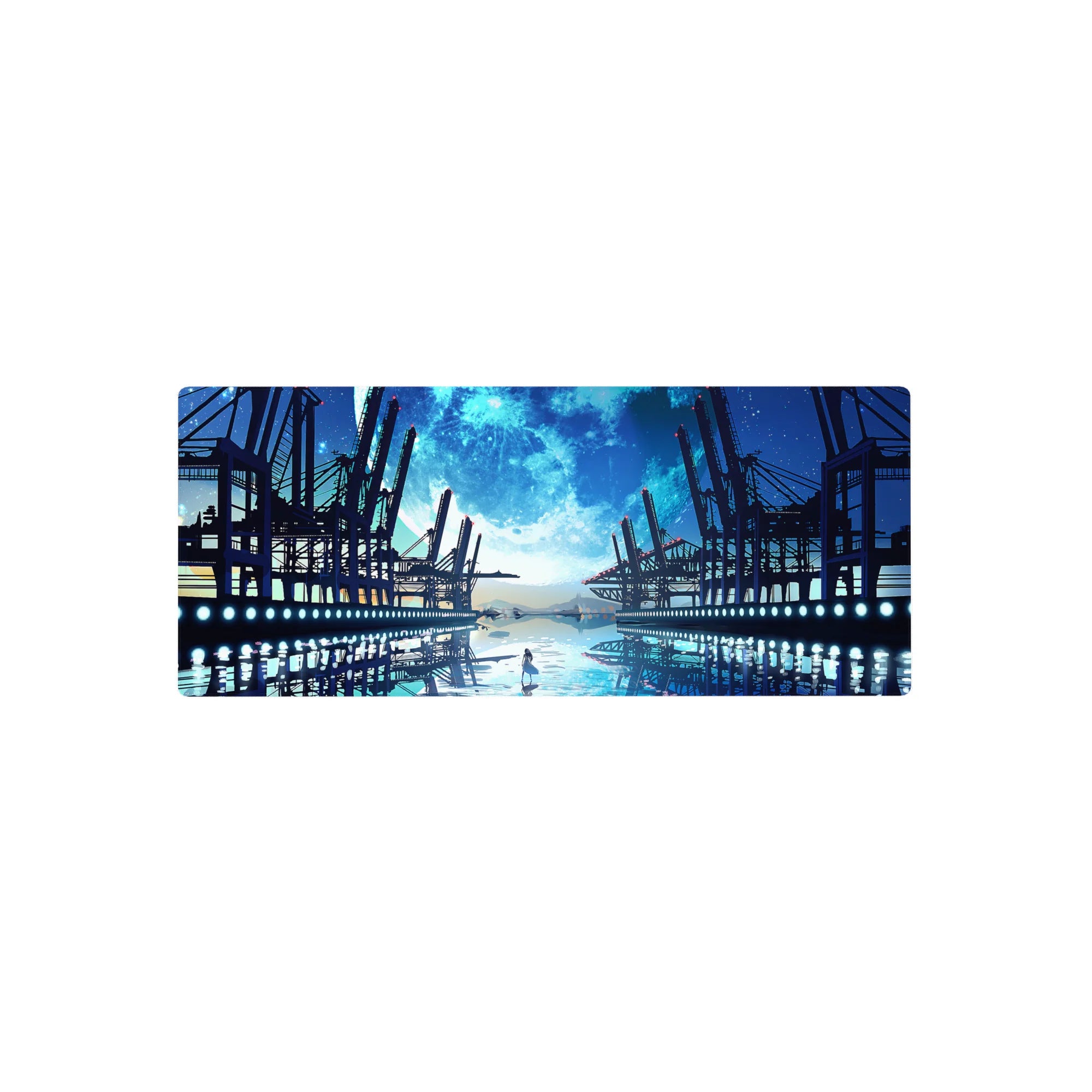 28x12 inches anime mouse pad with lone girl on glassy water, steel docks, and a giant moon.