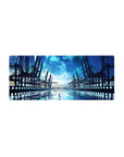 28x12 inches anime mouse pad with lone girl on glassy water, steel docks, and a giant moon.