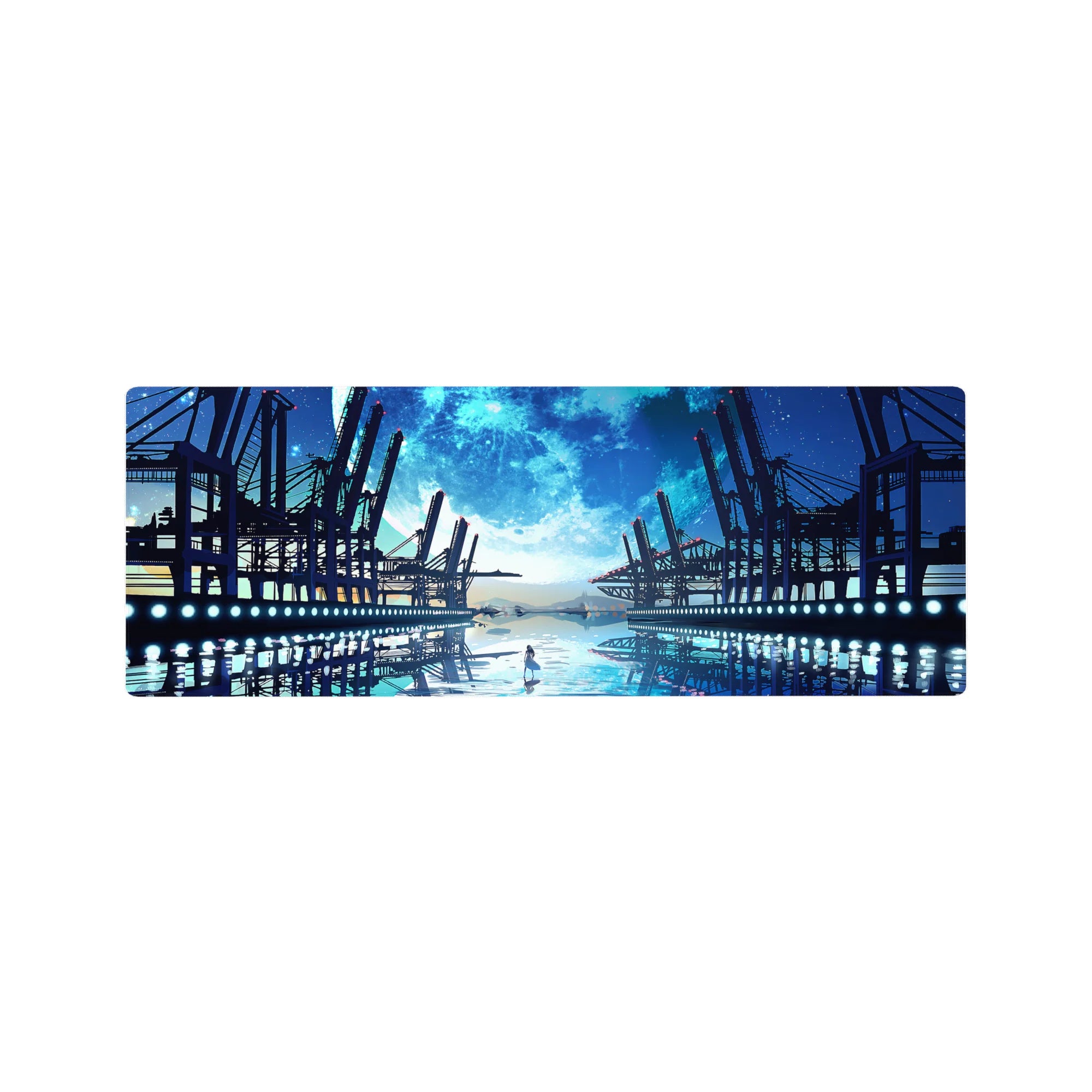 32x12 inches anime mouse pad with girl on reflective water, steel docks, and a giant moon horizon.