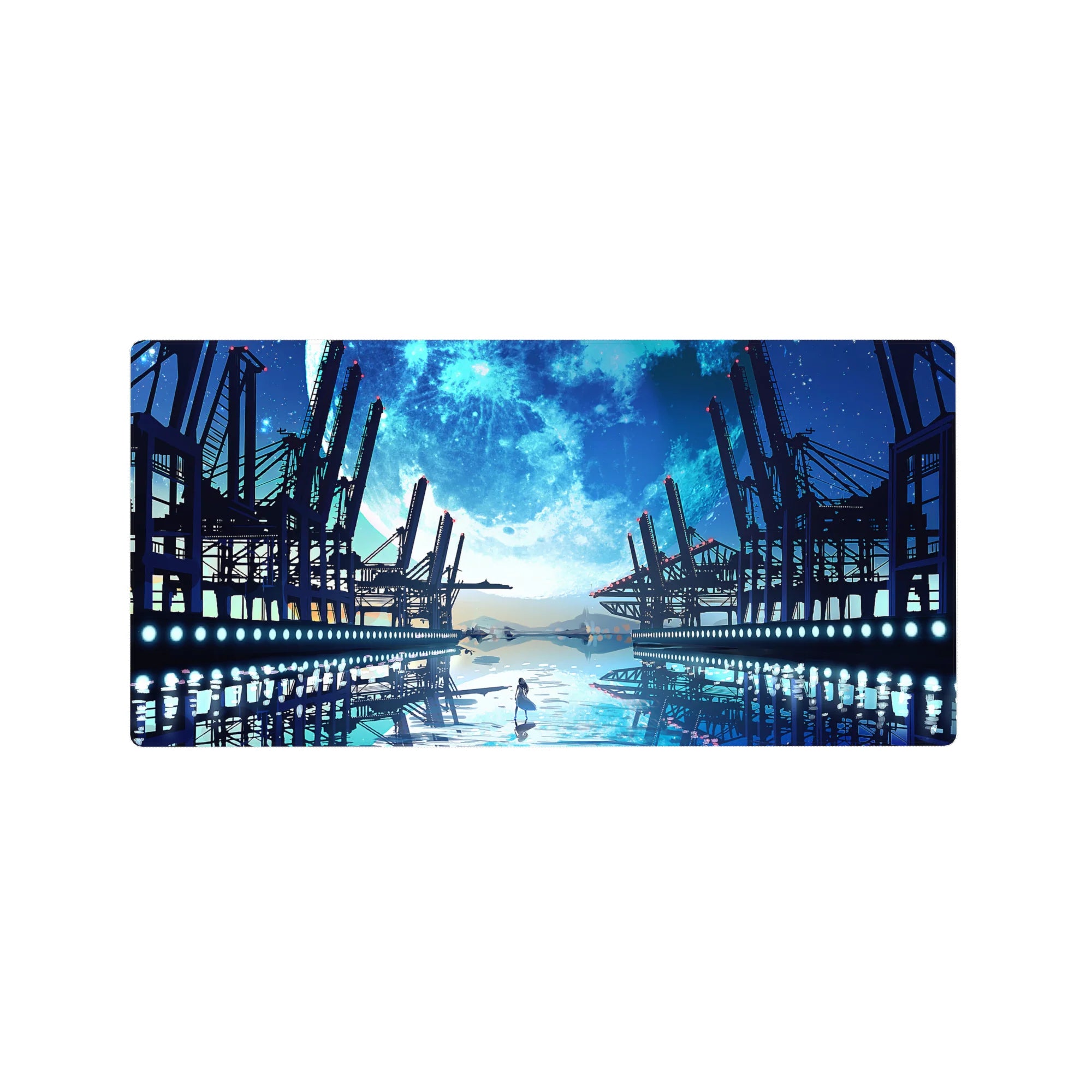 32x16 inches anime mouse pad with lone girl on glassy water, steel docks, and a giant moon.