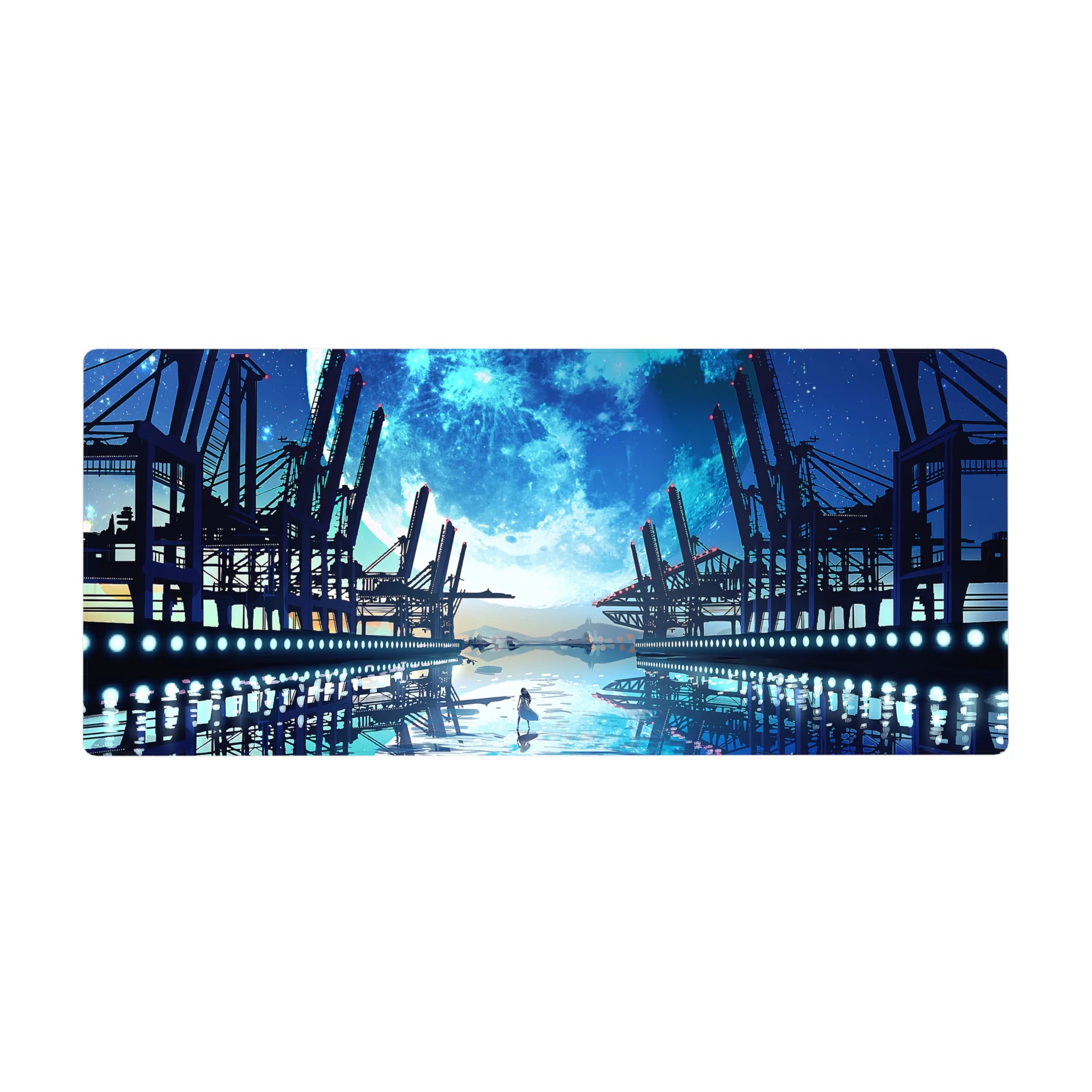 Anime desk pad 36x16 inches with lone girl on reflective water, steel docks, and oversized moon.