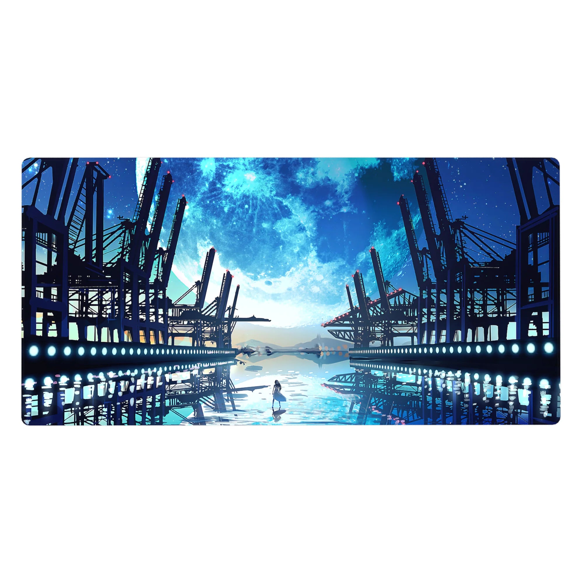40x20 inches anime desk pad with girl on glassy water, steel docks, moonlit horizon reflections.