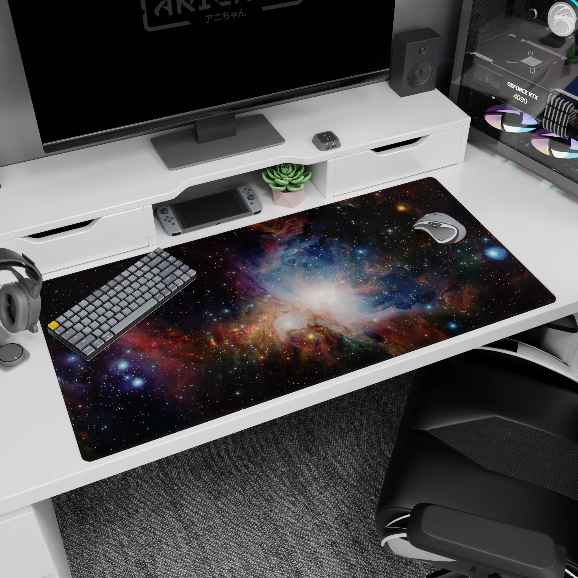 Star-speckled nebula scene desk pad 40x20 inches with a bright core glow and scattered starlight.