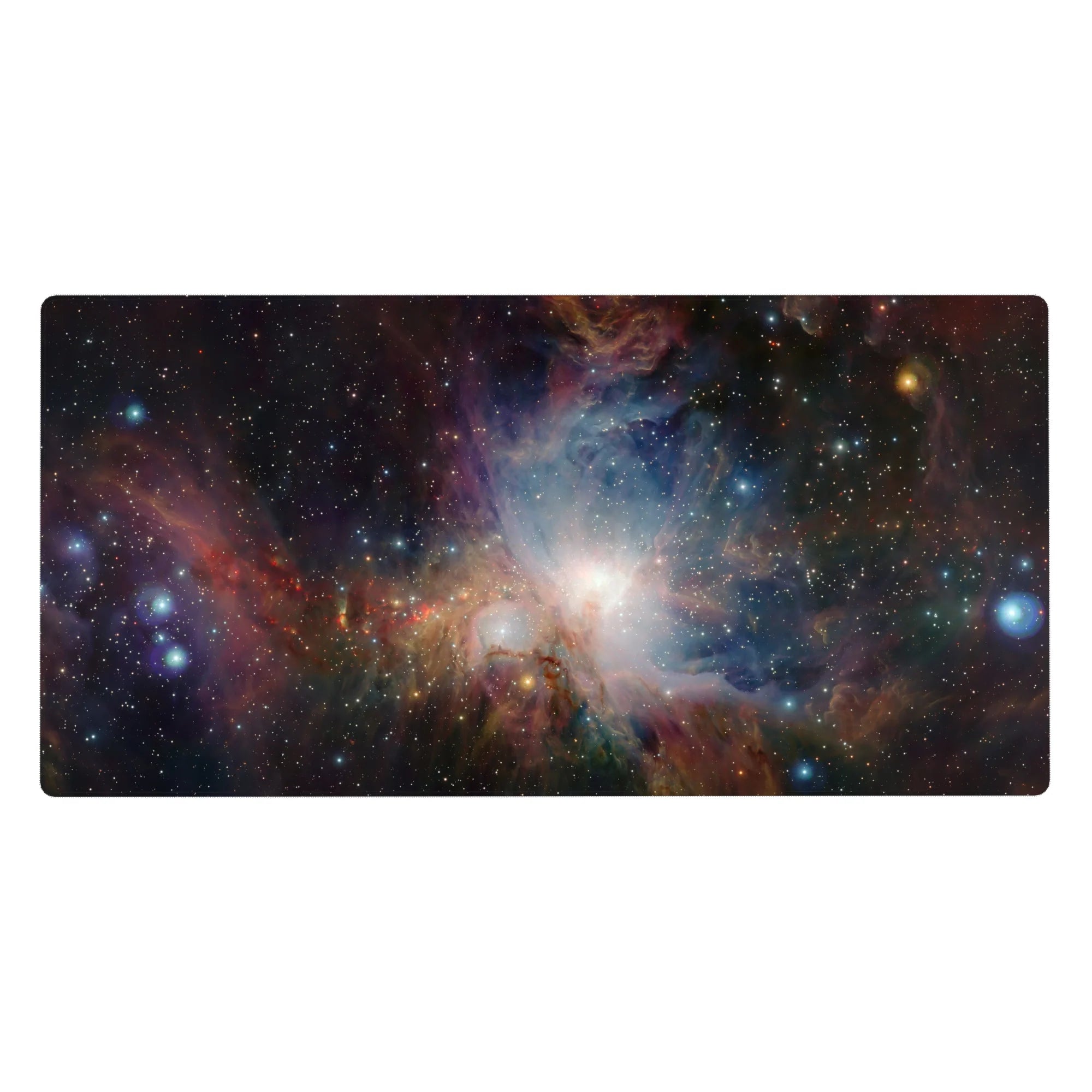Galaxy nebula desk pad 40x20 inches with starlight speckles and a glowing core observatory design.