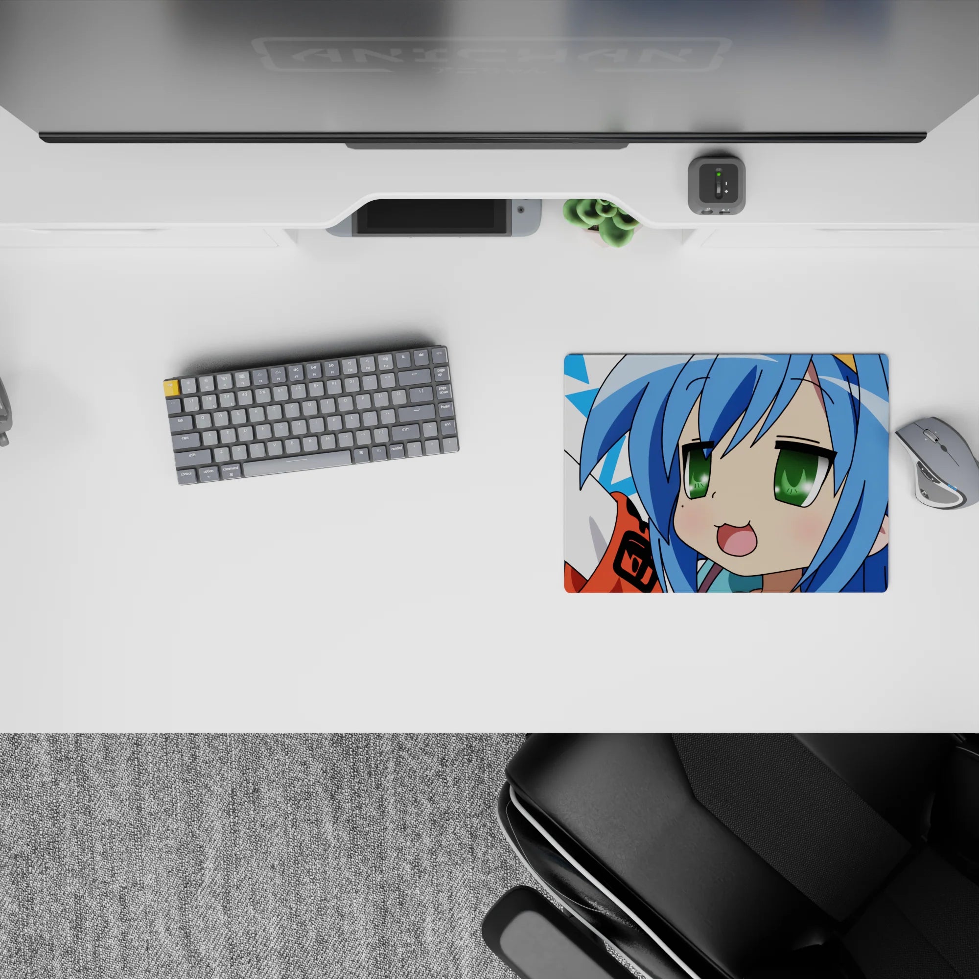 Playful 14x10 inches anime mouse pad in sky blue, white, and electric blue stars with bright green eyes.