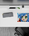 Playful 14x10 inches anime mouse pad in sky blue, white, and electric blue stars with bright green eyes.