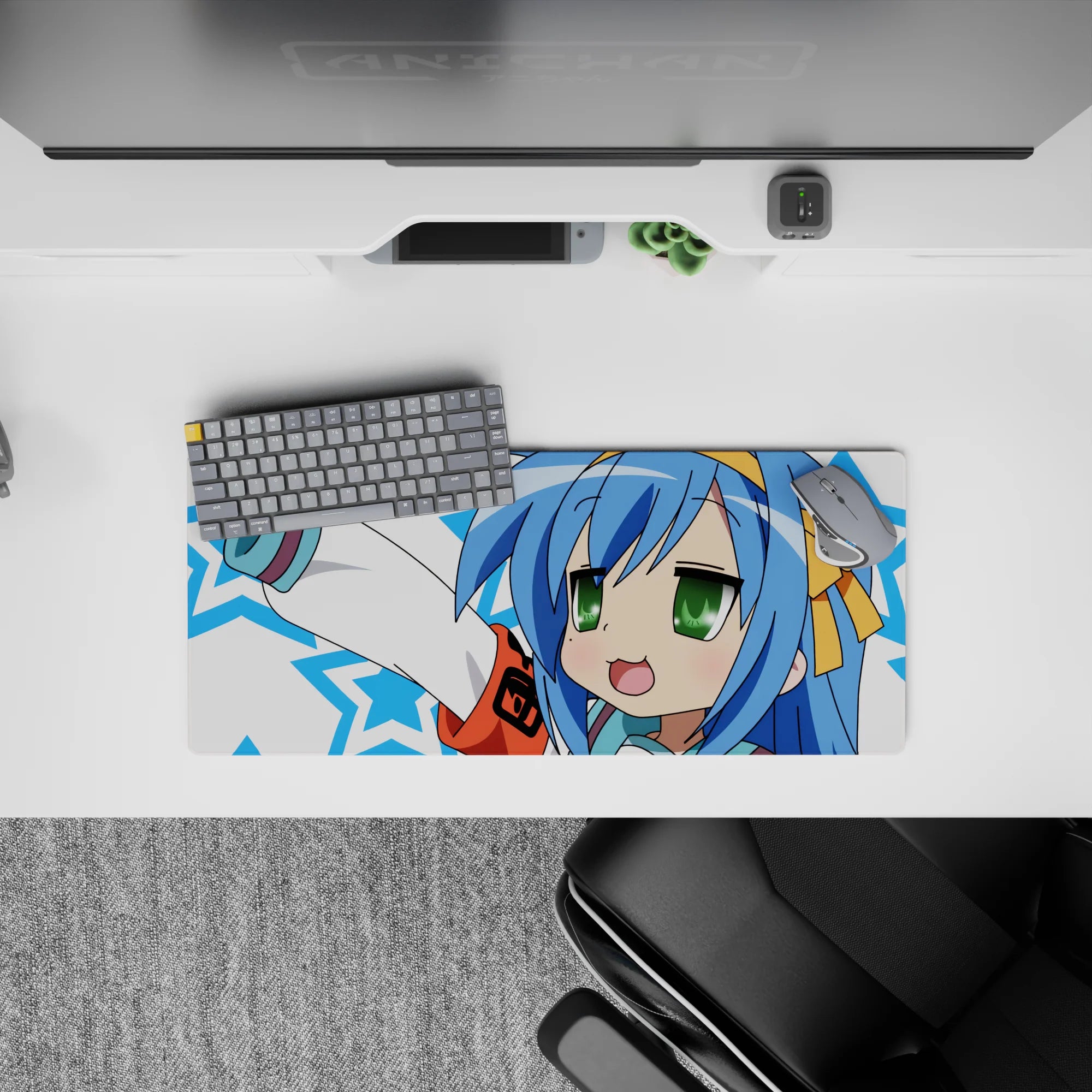 28x12 inches kawaii mouse pad in sky blue, white, and electric blue stars with playful cute chaos vibe.