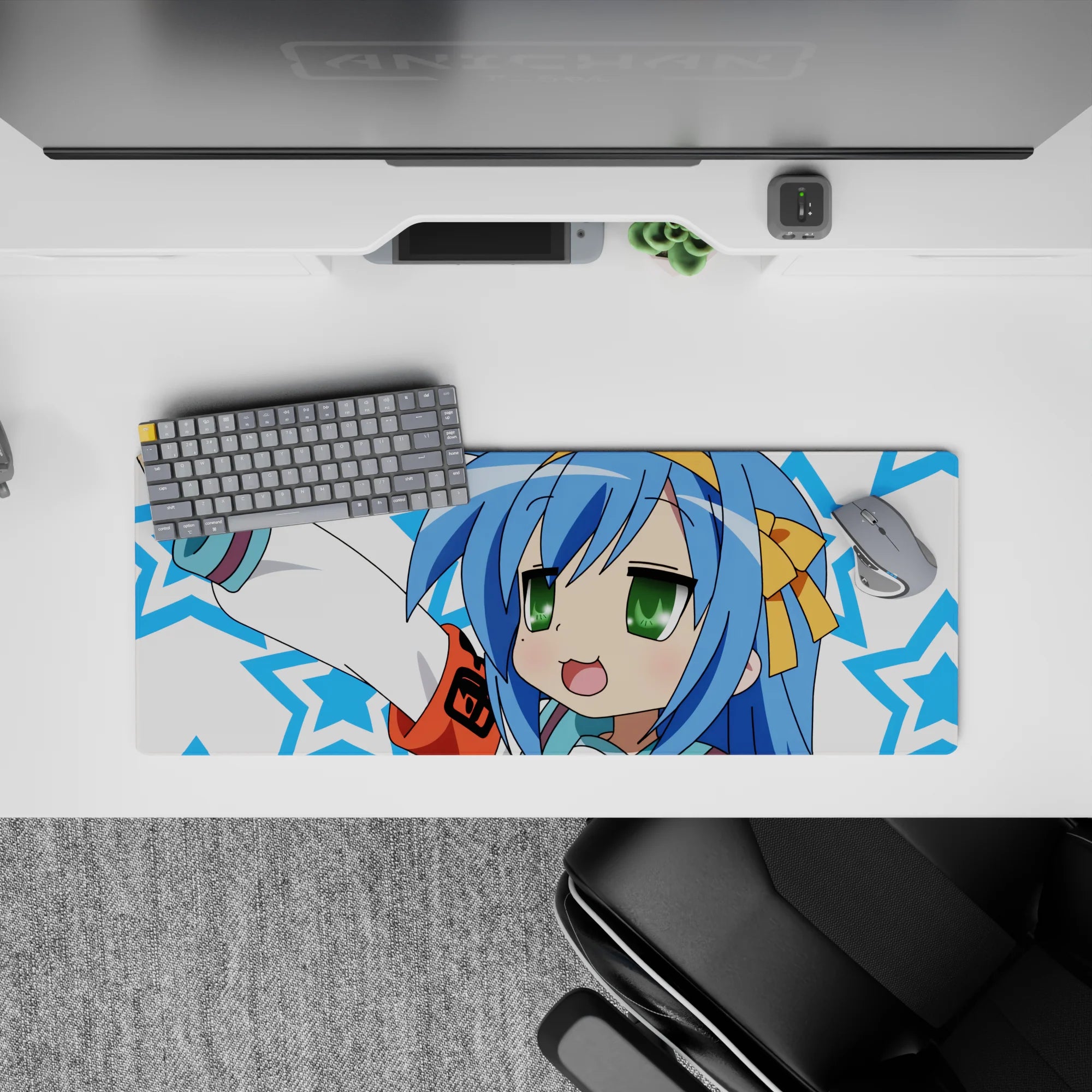 32x12 inches kawaii desk mouse pad in crisp white and electric blue stars, playful cute chaos vibe.