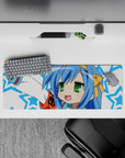 32x12 inches kawaii desk mouse pad in crisp white and electric blue stars, playful cute chaos vibe.