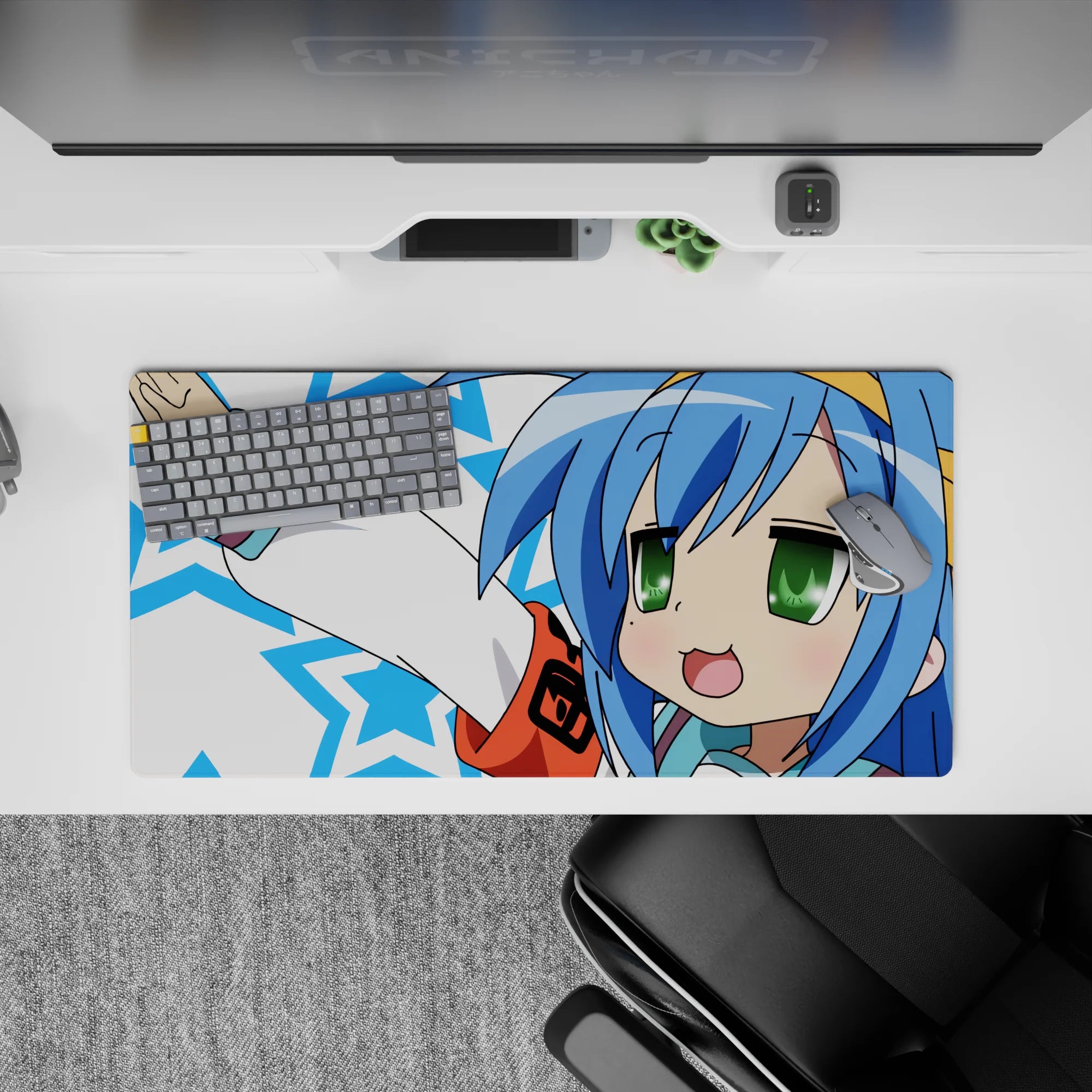 32x16 inches kawaii blue-and-white star desk mat, sky blue hair, bright green eyes, playful vibe.