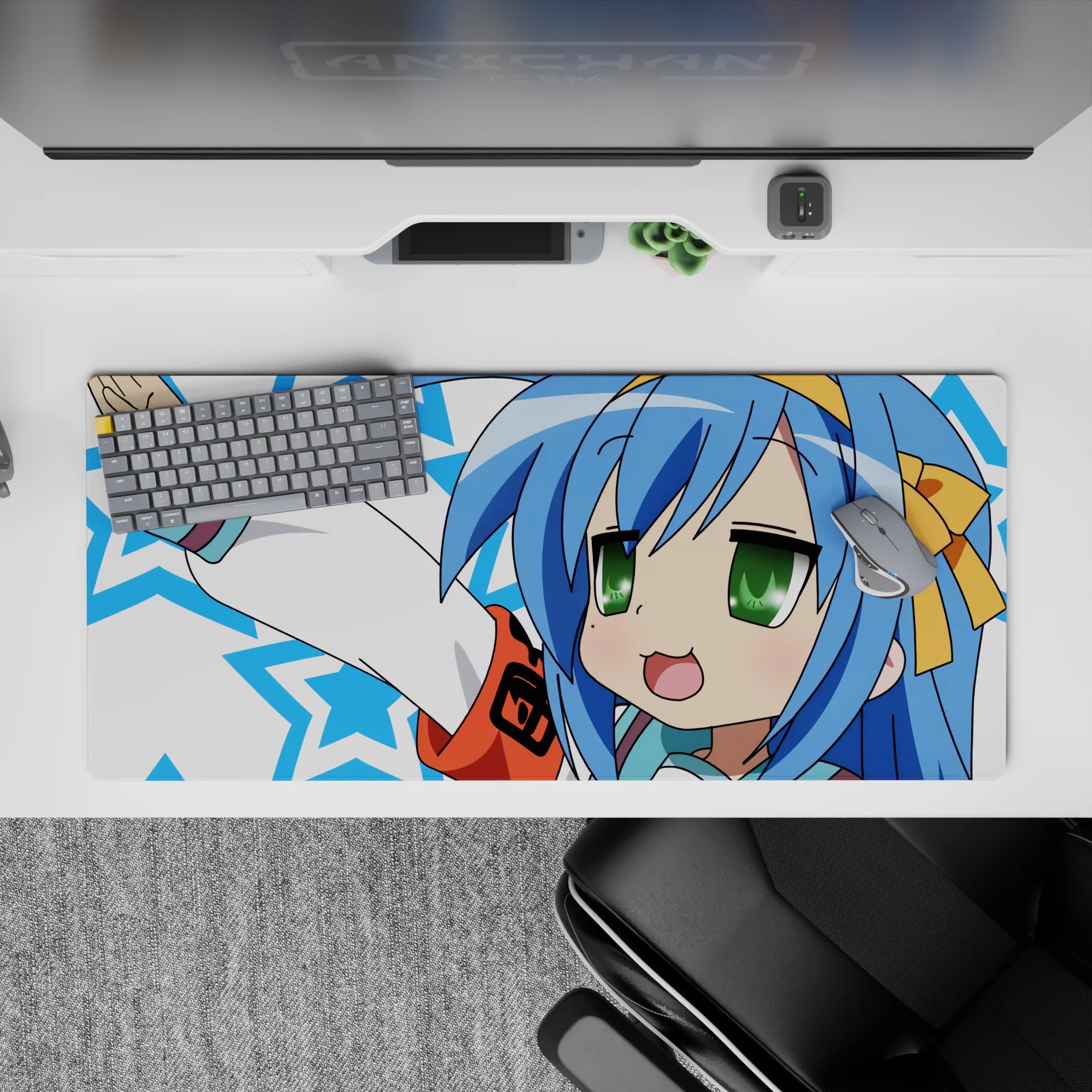 Cute playful desk mat 36x16 inches in sky blue, white and electric blue stars with bright green accents.