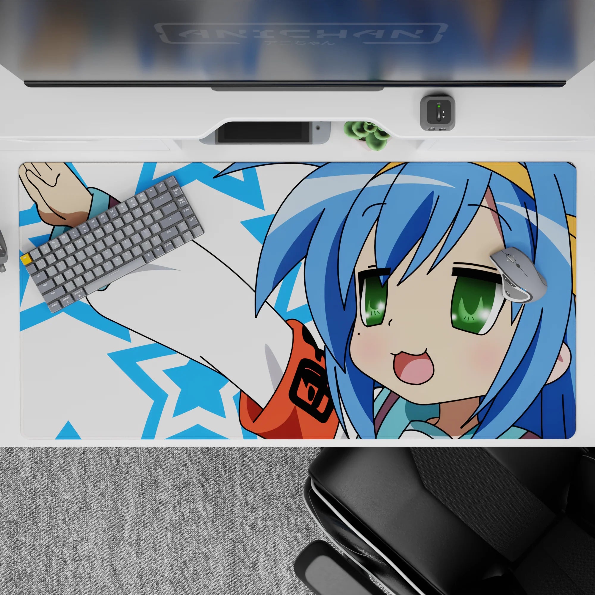 Sky blue and white anime desk pad 40x20 inches with bright green eyes, cute chaotic vibe.