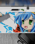 Sky blue and white anime desk pad 40x20 inches with bright green eyes, cute chaotic vibe.