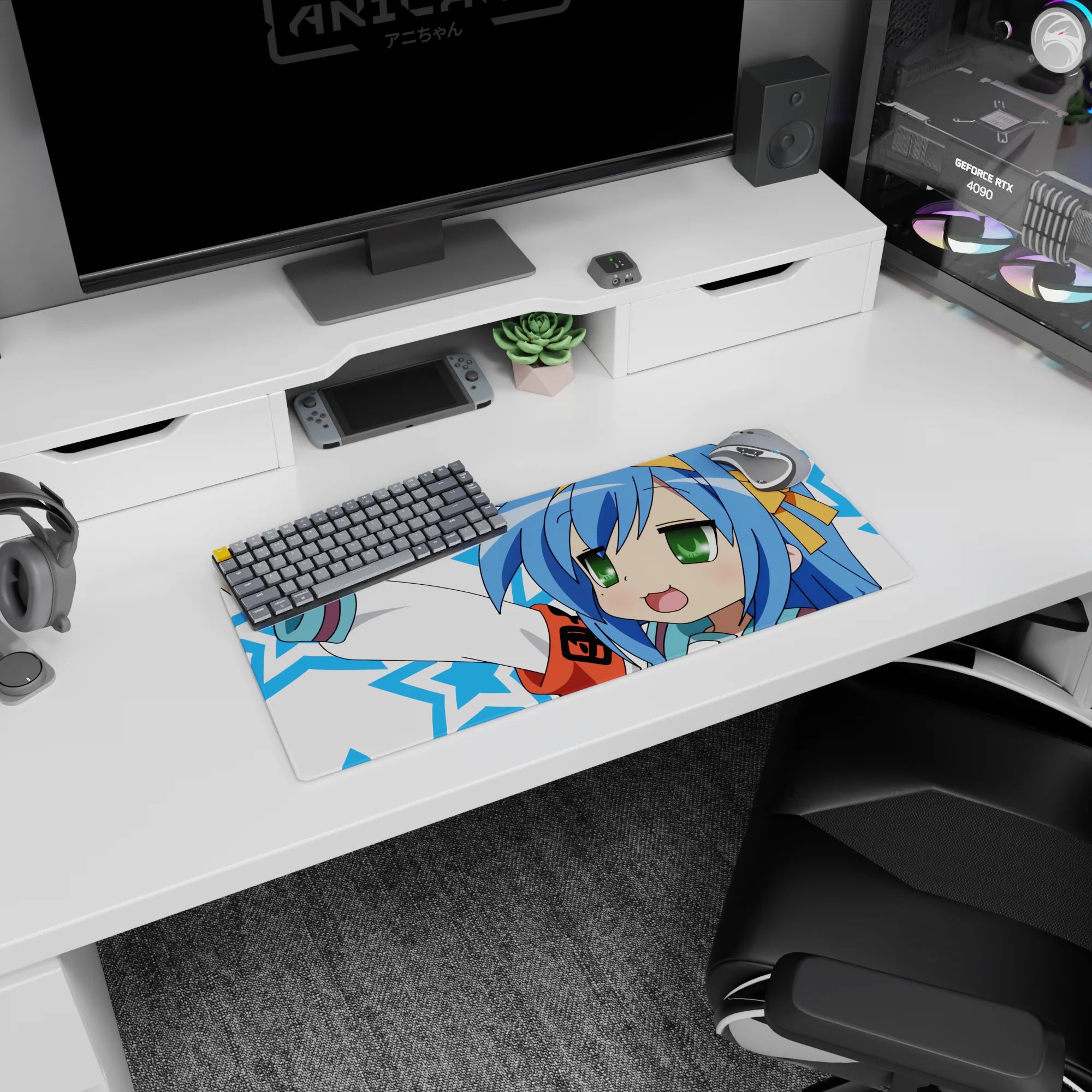 28x12 inches Lucky Star Konata Izumi mouse pad, green eyes and cheeky grin in a victory pose.