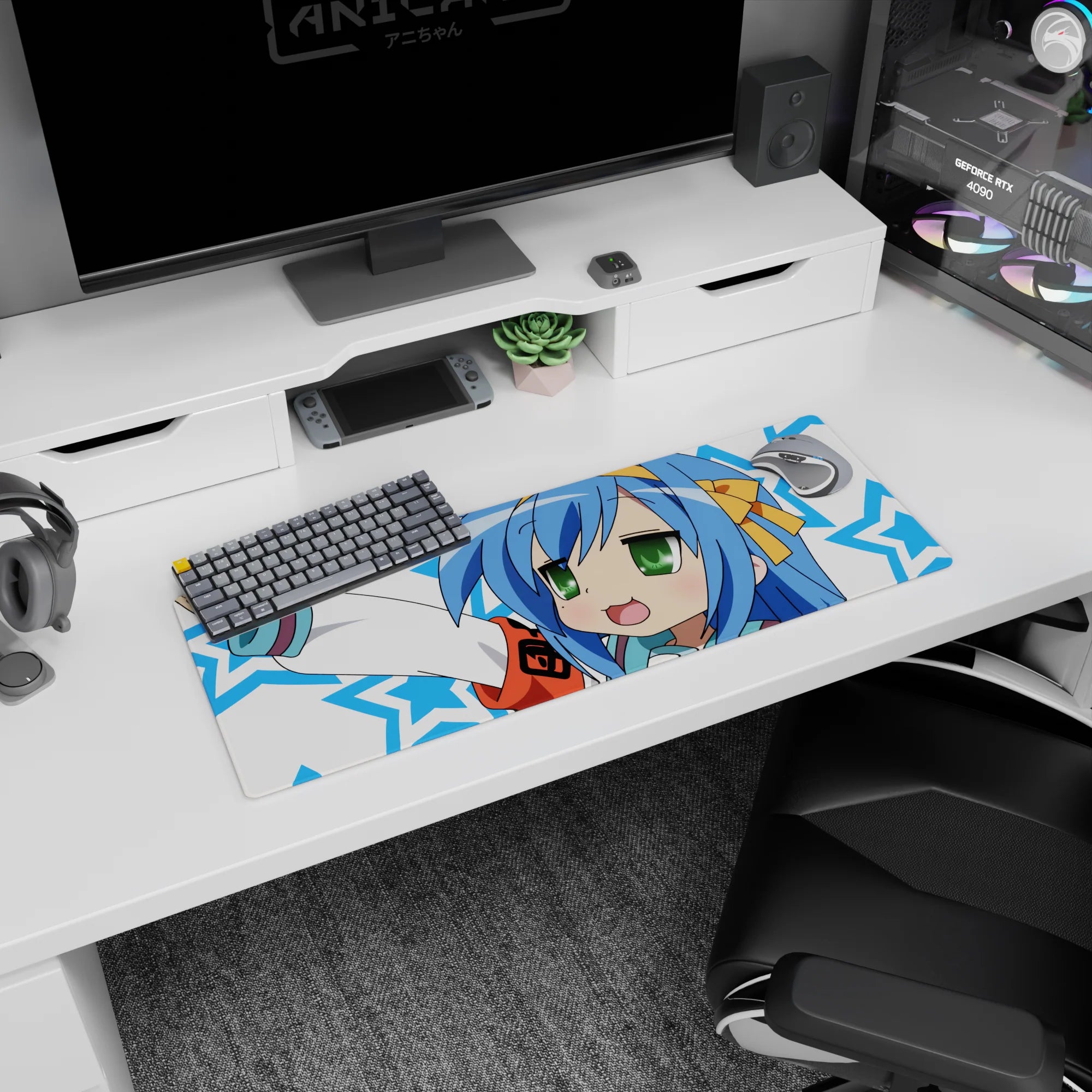 32x12 inches Konata Izumi Lucky Star mouse pad, green-eyed grin and cheeky victory pose desk mat.