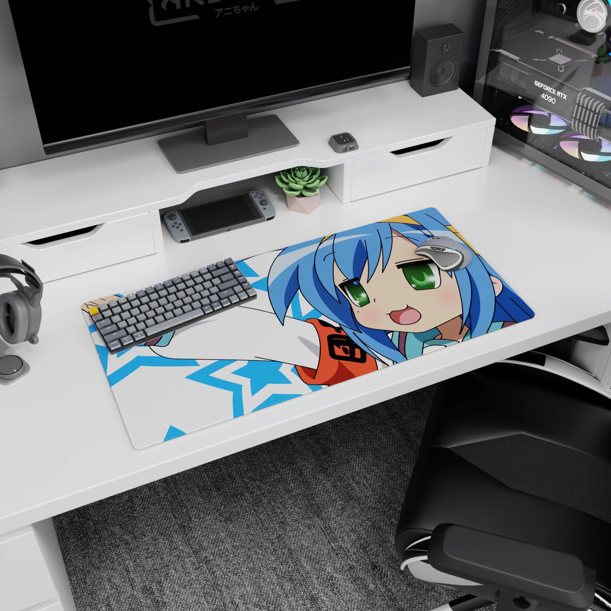 32x16 inches Konata Izumi Lucky Star mouse pad, cheeky victory pose, blushy grin on starry design.