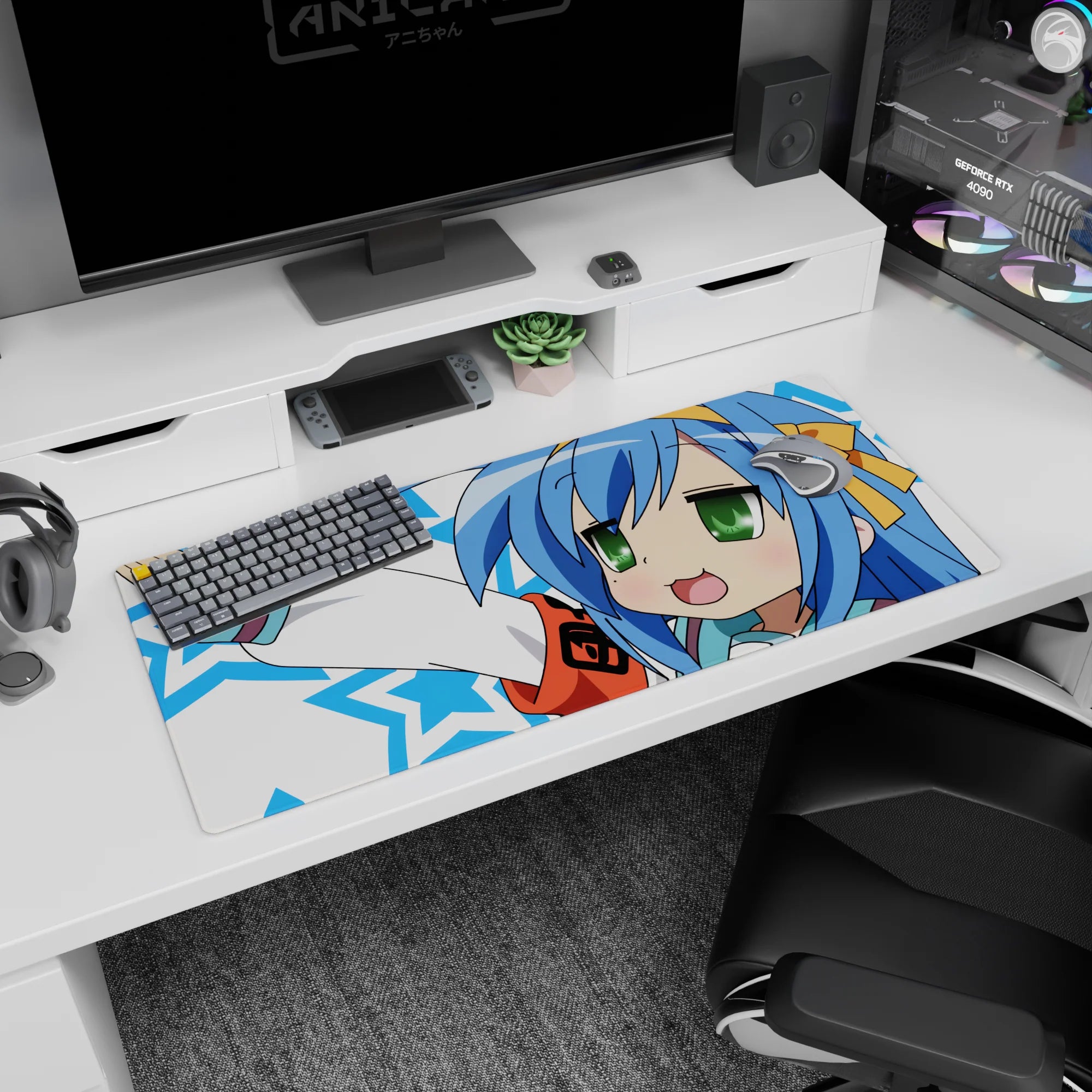 Konata Izumi Lucky Star desk pad 36x16 inches, cheeky victory pose with blue hair, green eyes, blushy grin.
