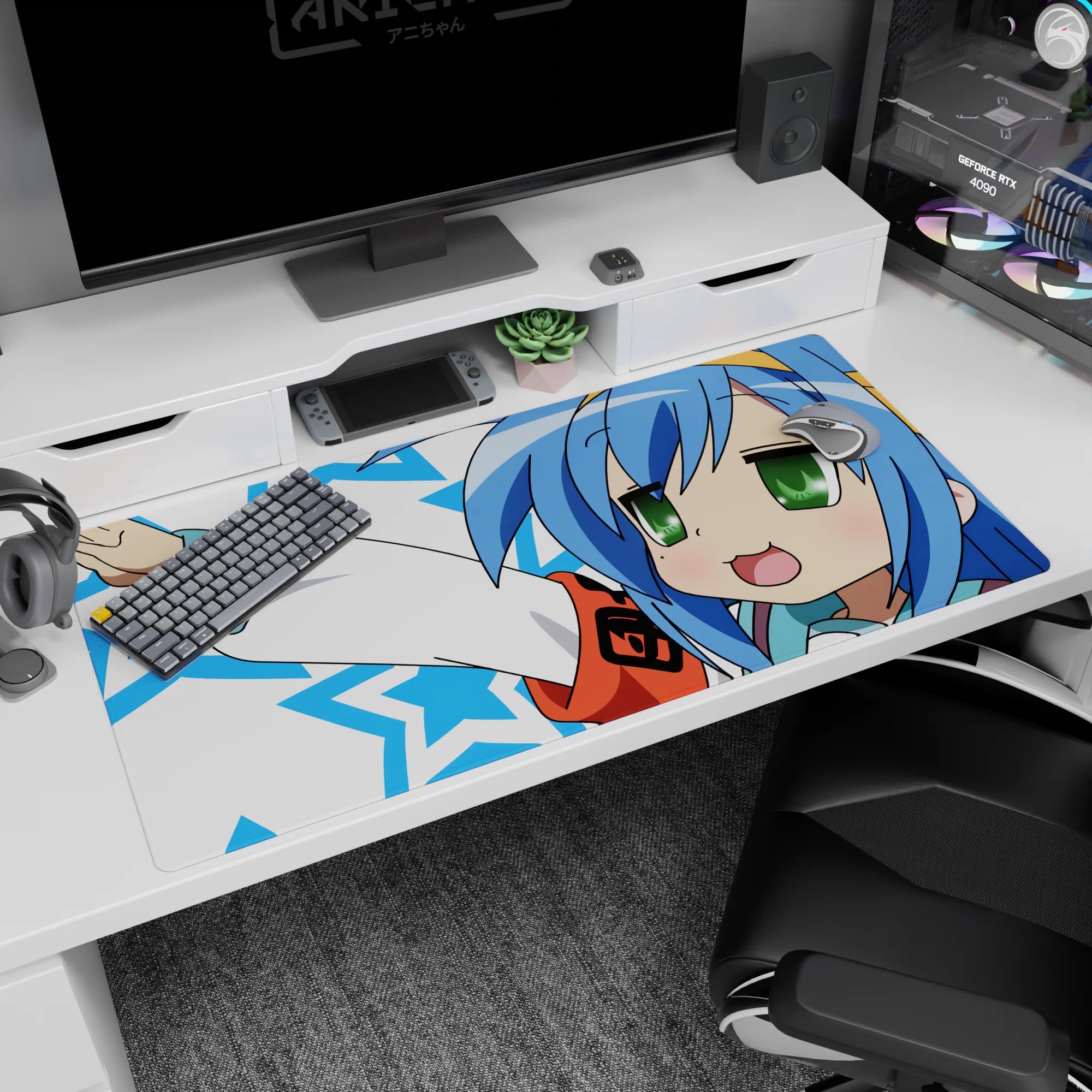 Konata Izumi Lucky Star desk pad 40x20 inches, blushy grin and victory pose on blue stars.