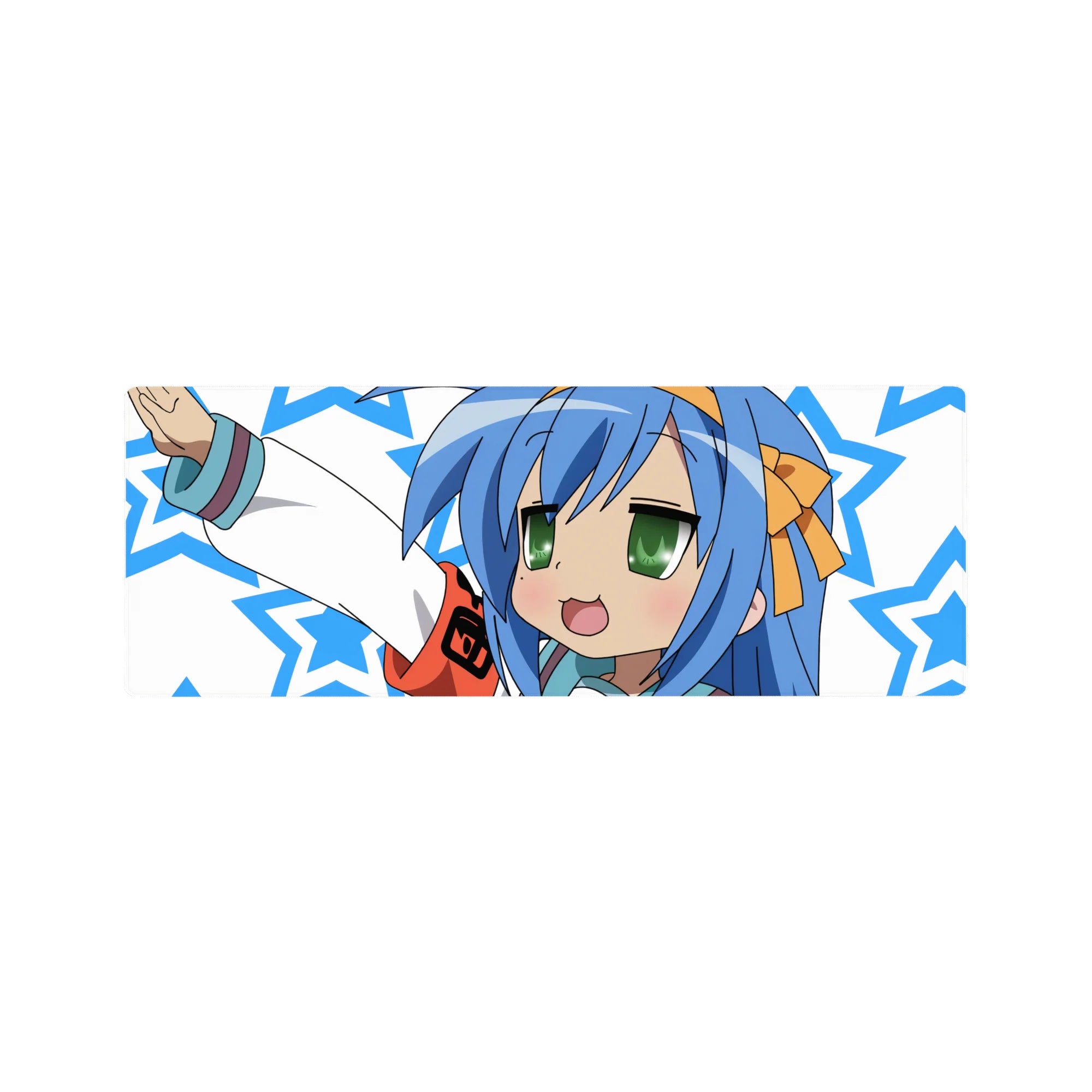 32x12 inches anime girl mouse pad with victory pose, sky blue hair, star pattern, smooth desk mat.