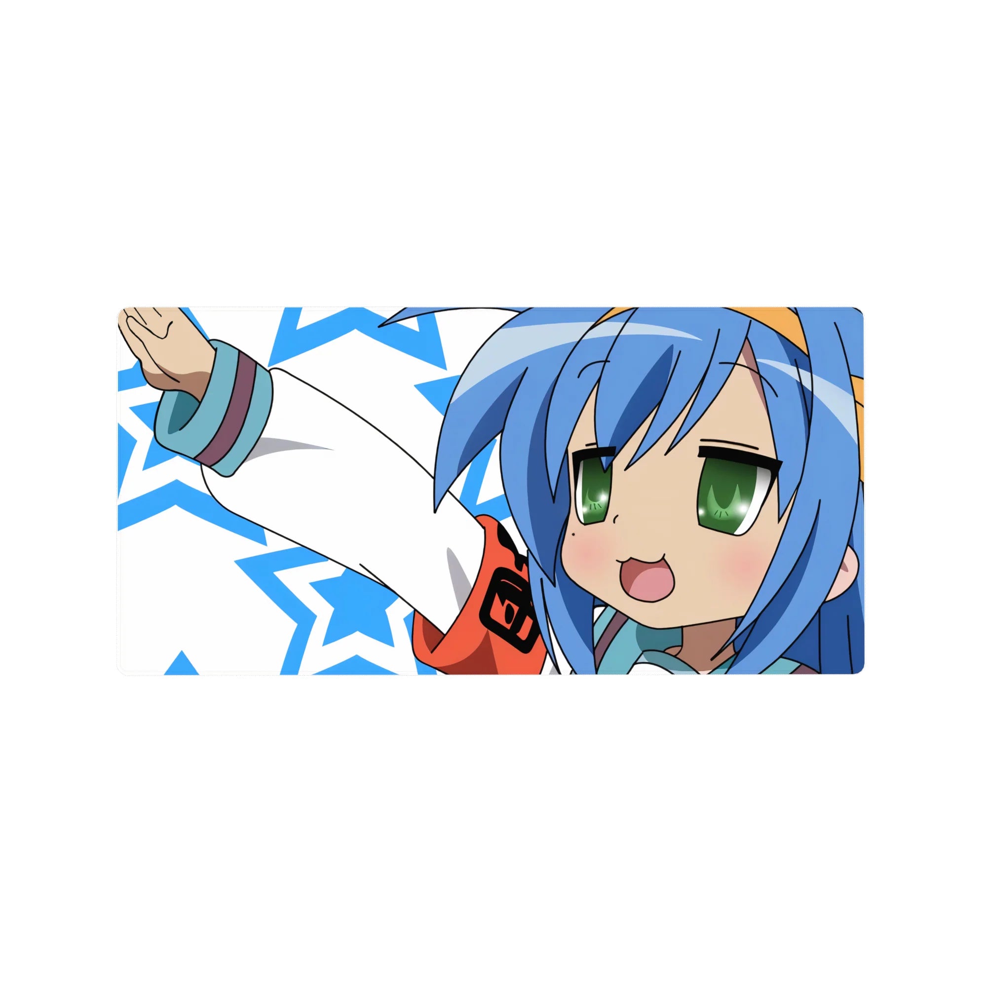 32x16 inches anime girl mouse pad with victory pose, star pattern background, smooth gaming desk mat.