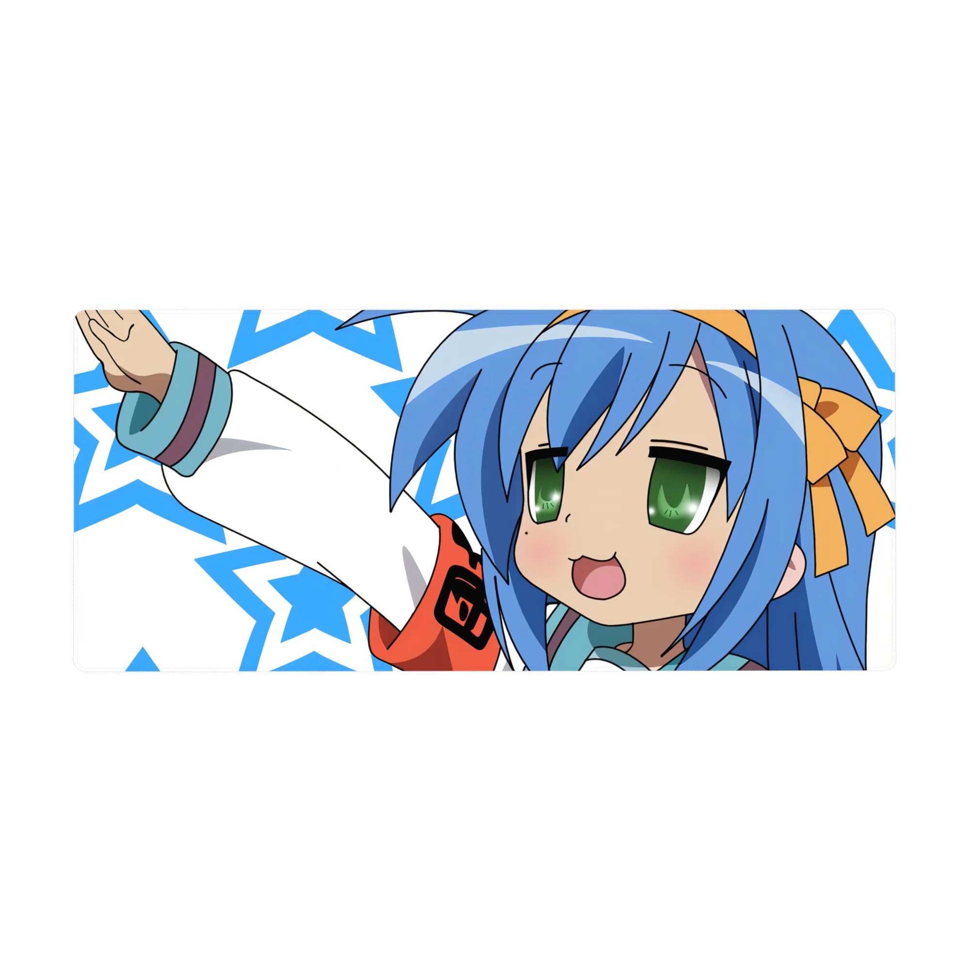 Anime girl desk pad 36x16 inches with victory pose, star-pattern background, smooth mouse glide surface.
