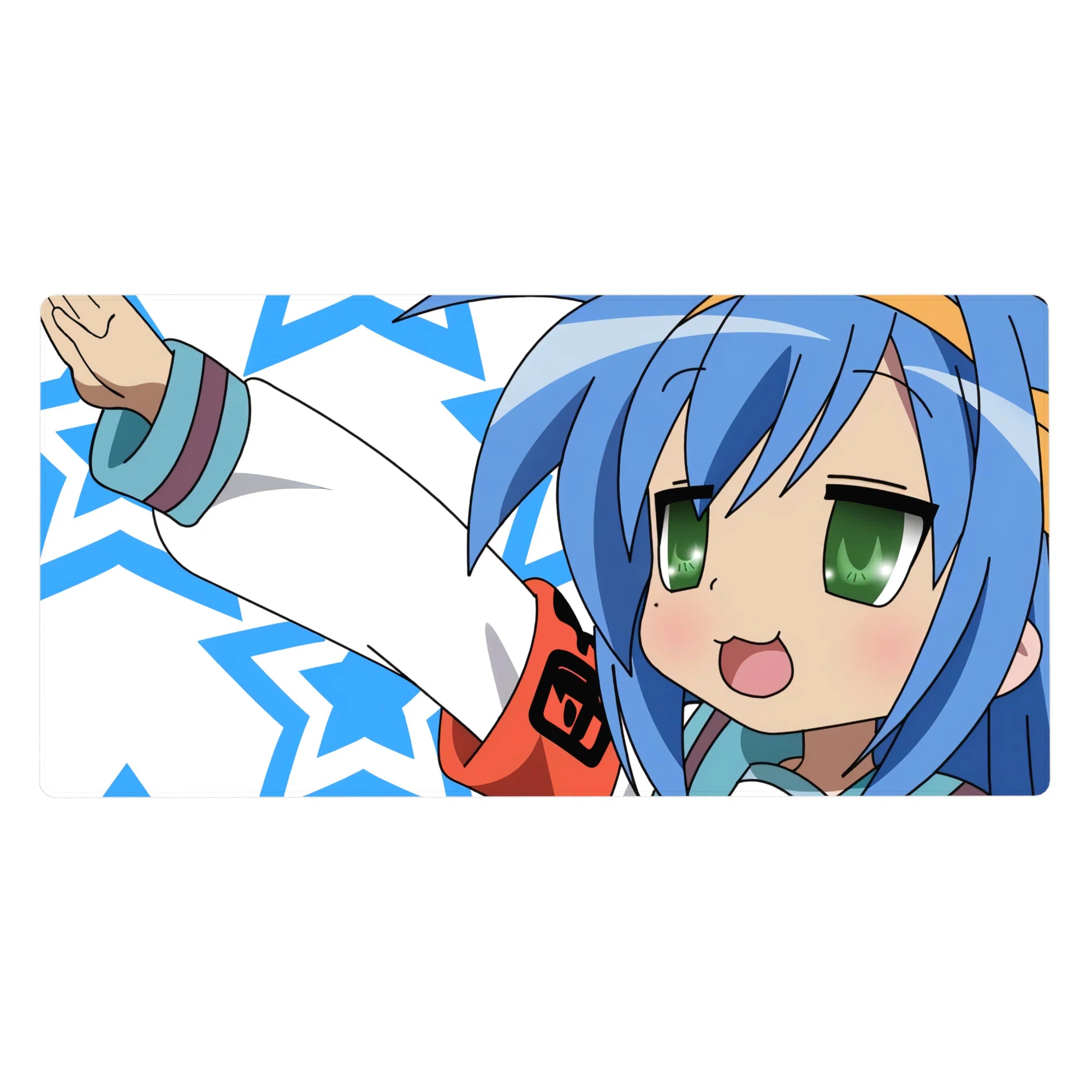 Anime girl desk pad 40x20 inches with star-pattern background and cheeky victory pose design.