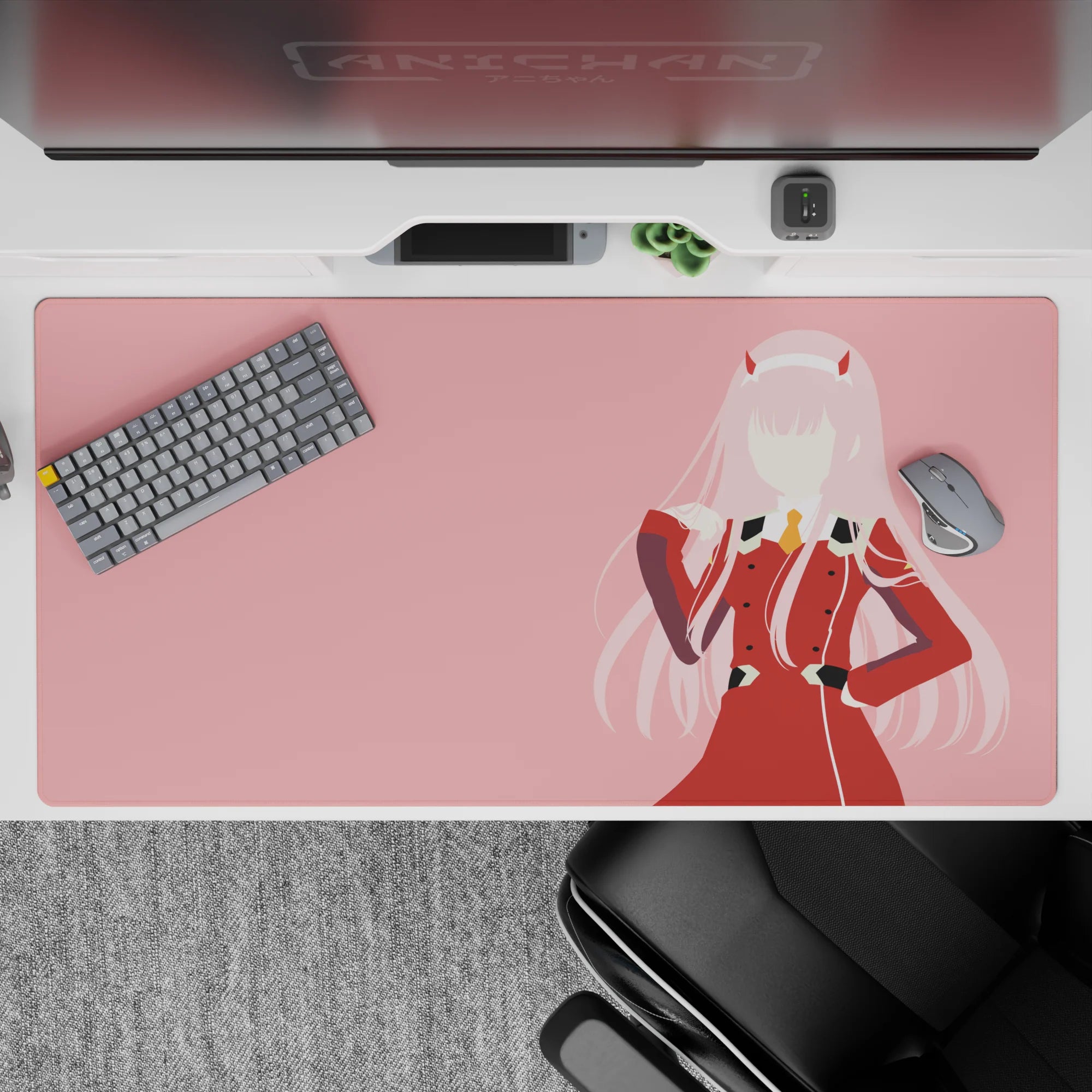 40x20 inches mouse pad with faceless Zero Two design, blending soft pink tones and bold uniform lines for a clean, modern anime vibe.