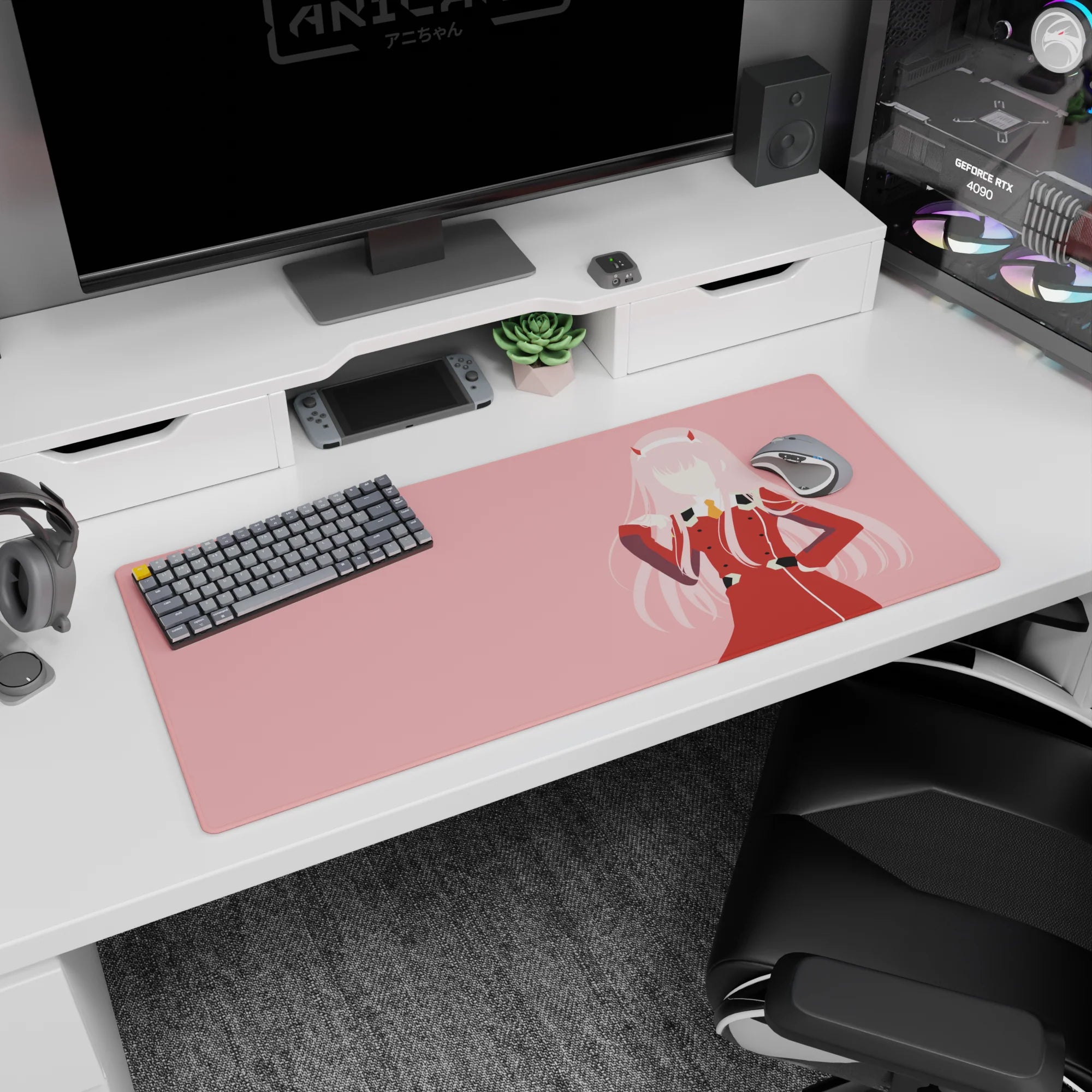 Artistic 36x16 inches mouse pad featuring Zero Two design, with soft pink tones and bold uniform lines for a sleek, modern aesthetic.