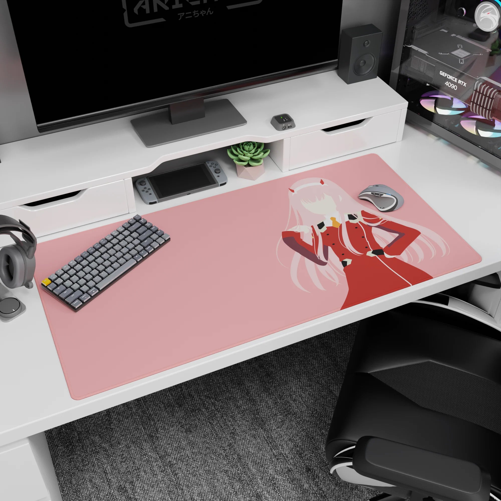 Large 40x20 inches mouse pad featuring Zero Two design, with soft pink tones and bold lines for a minimalist yet striking aesthetic.