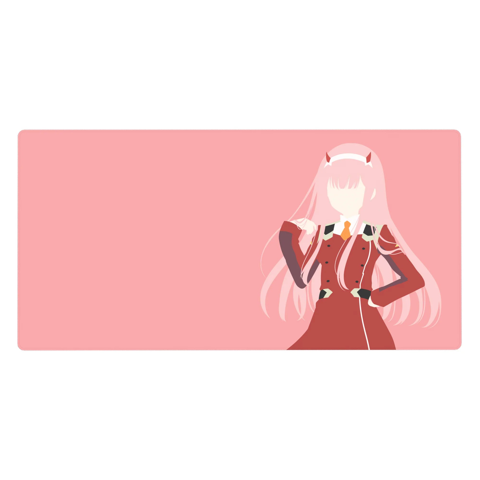 Mouse pad featuring Zero Two design, 40x20 inches, with soft pink tones and bold uniform lines for a minimalist, striking anime aesthetic.