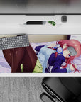Cozy late-night vibe desk pad 36x16 inches in pink, lavender, and navy with glossy black tights.