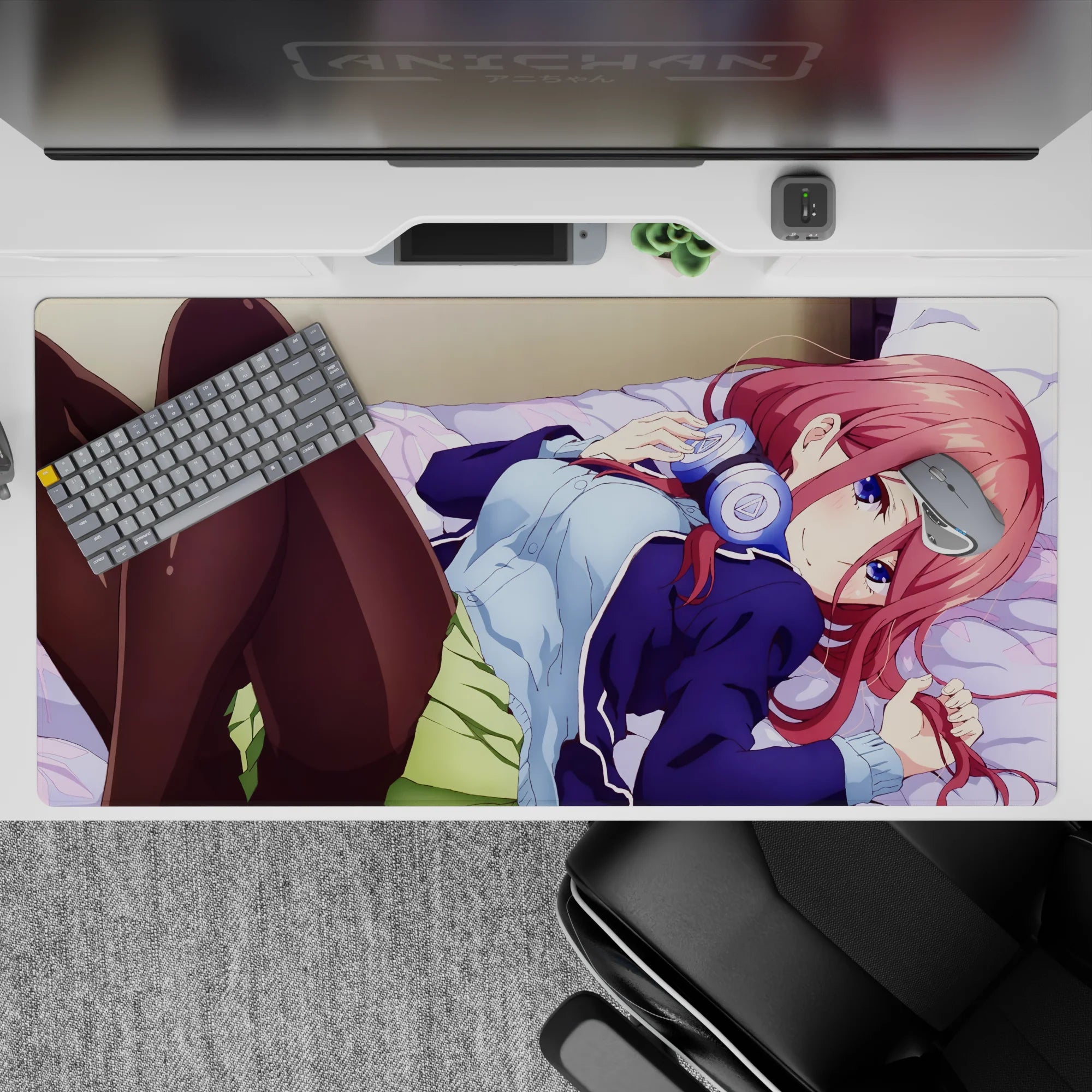 40x20 inches anime desk pad in warm pink hair and lavender tones, late-night playlist cozy mood.