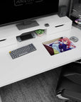 Red-haired anime girl lounging on lavender bedding, headphones at neck mouse pad 14x10 inches.
