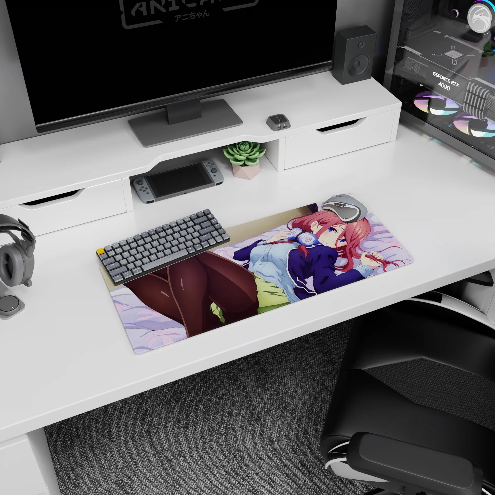 Red-haired anime girl lounging on soft bedding with headphones at her neck mouse pad 28x12 inches.