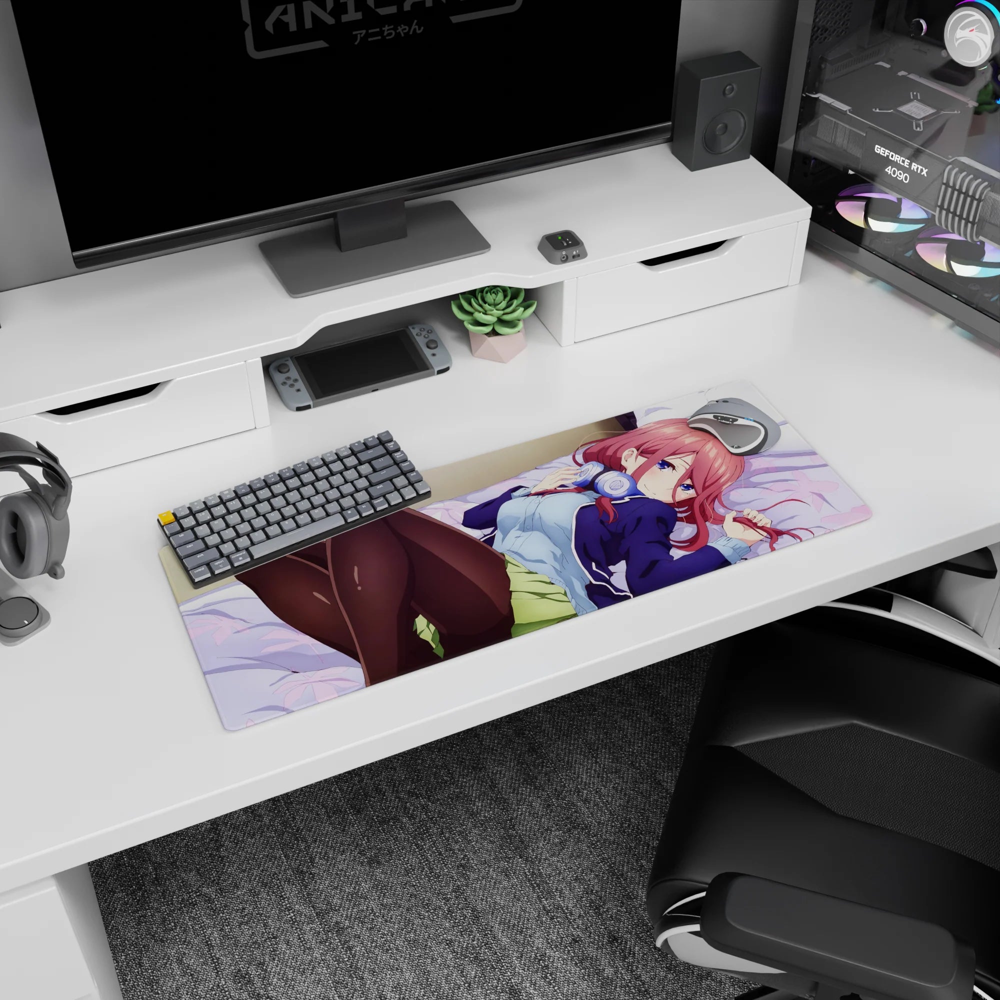 32x12 inches anime girl mouse pad showing a redhead lounging on pale sheets, glossy black tights.