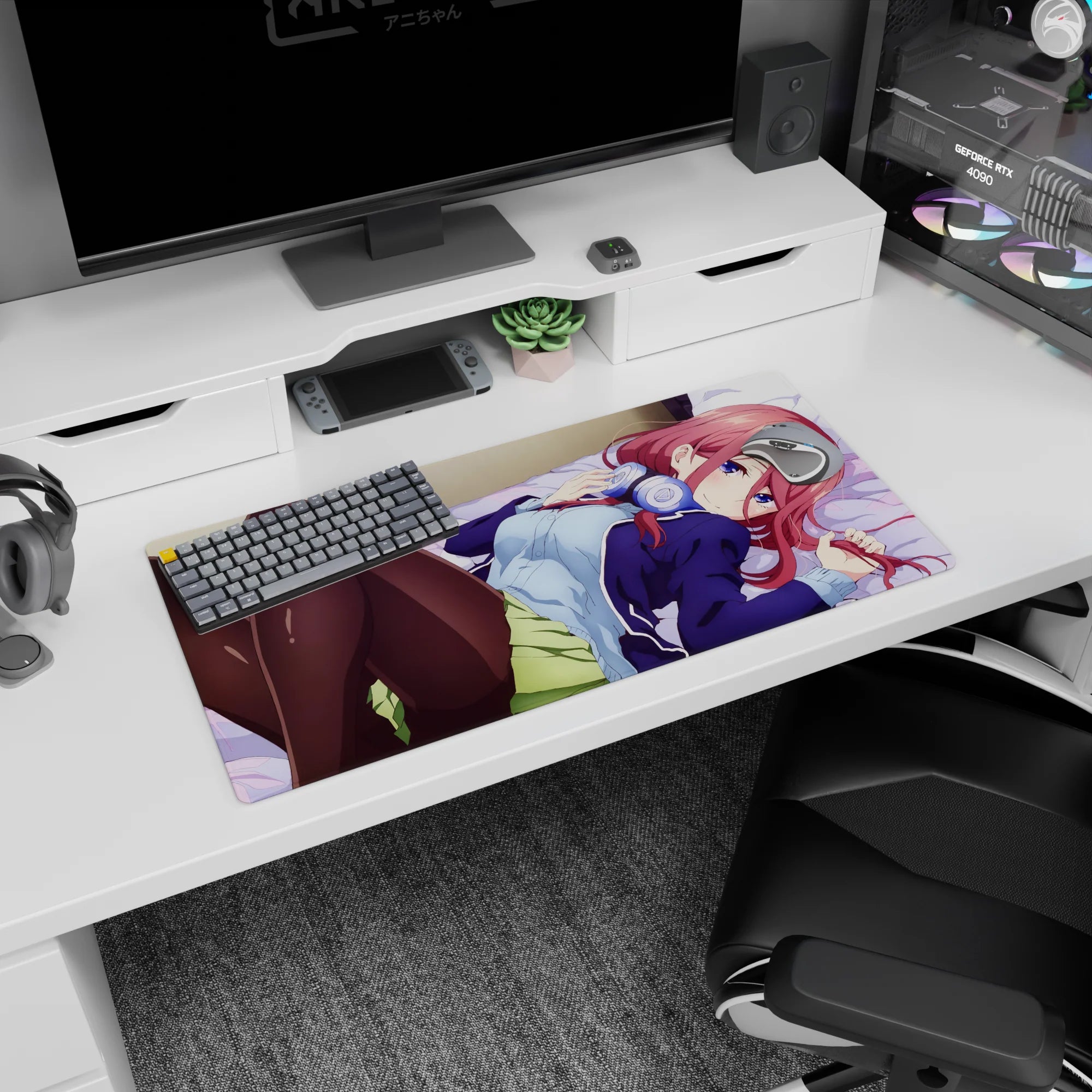 32x16 inches mouse pad showing a red-haired anime girl lounging on lavender sheets, black tights.